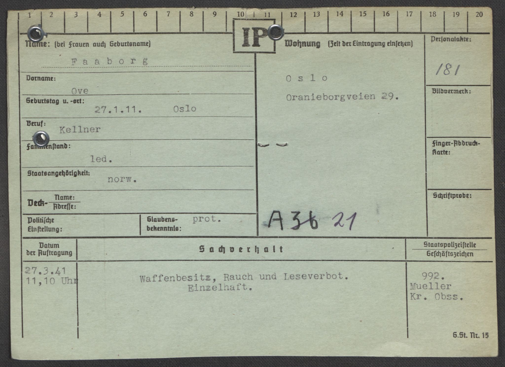 Befehlshaber der Sicherheitspolizei und des SD, RA/RAFA-5969/E/Ea/Eaa/L0003: Register over norske fanger i Møllergata 19: Eng-Hag, 1940-1945, p. 697