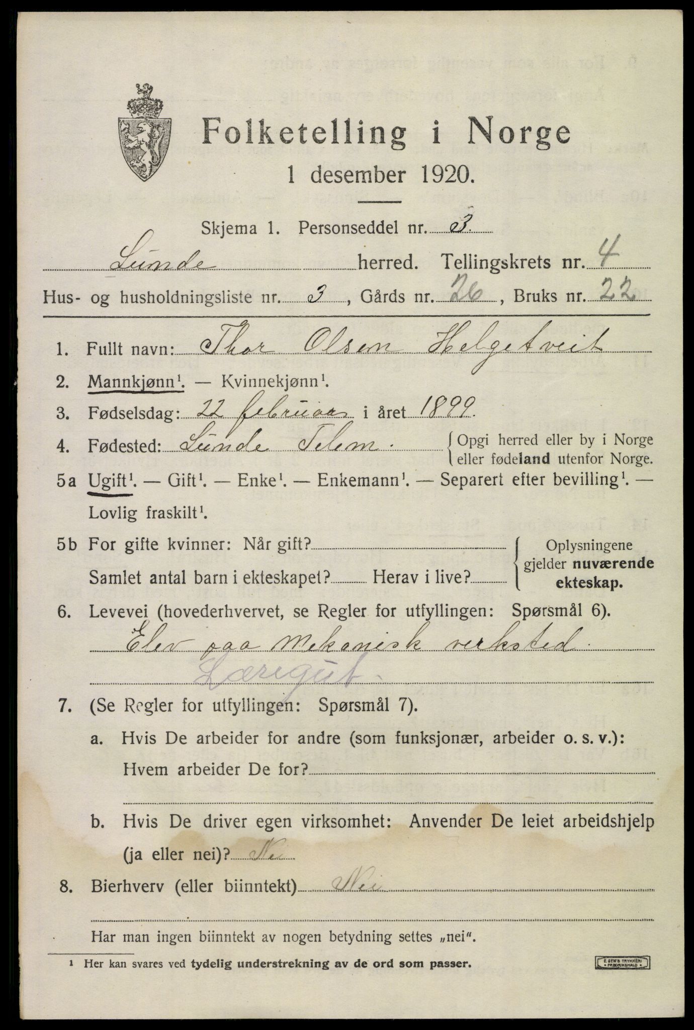 SAKO, 1920 census for Lunde, 1920, p. 3005