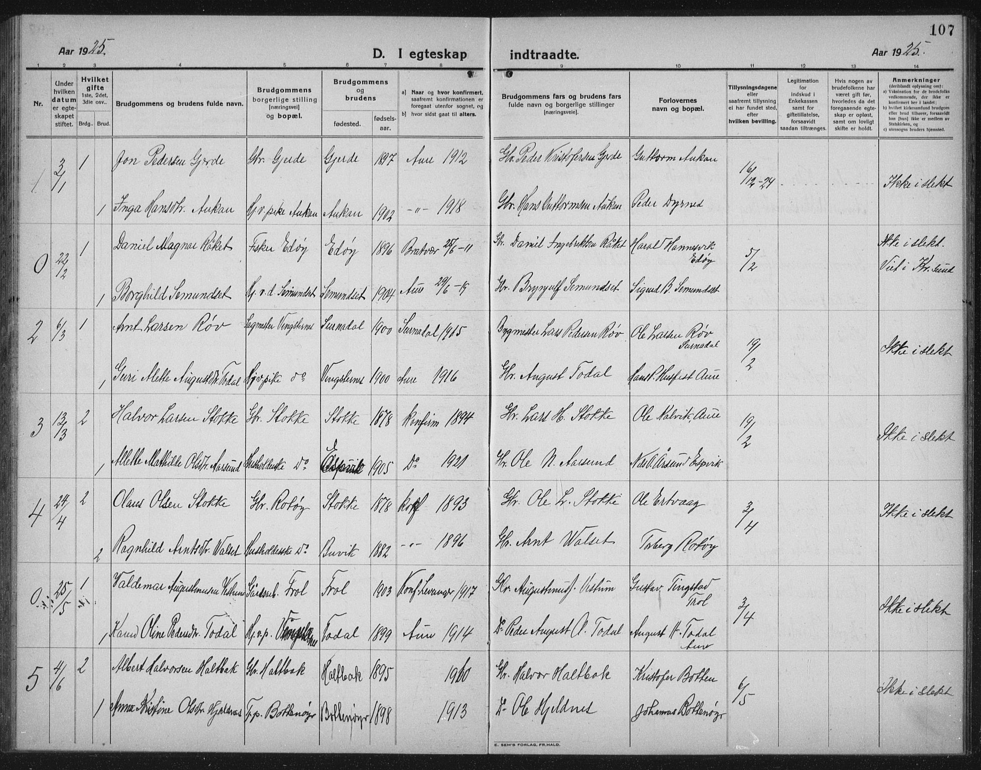 Ministerialprotokoller, klokkerbøker og fødselsregistre - Møre og Romsdal, SAT/A-1454/578/L0911: Parish register (copy) no. 578C04, 1921-1940, p. 107