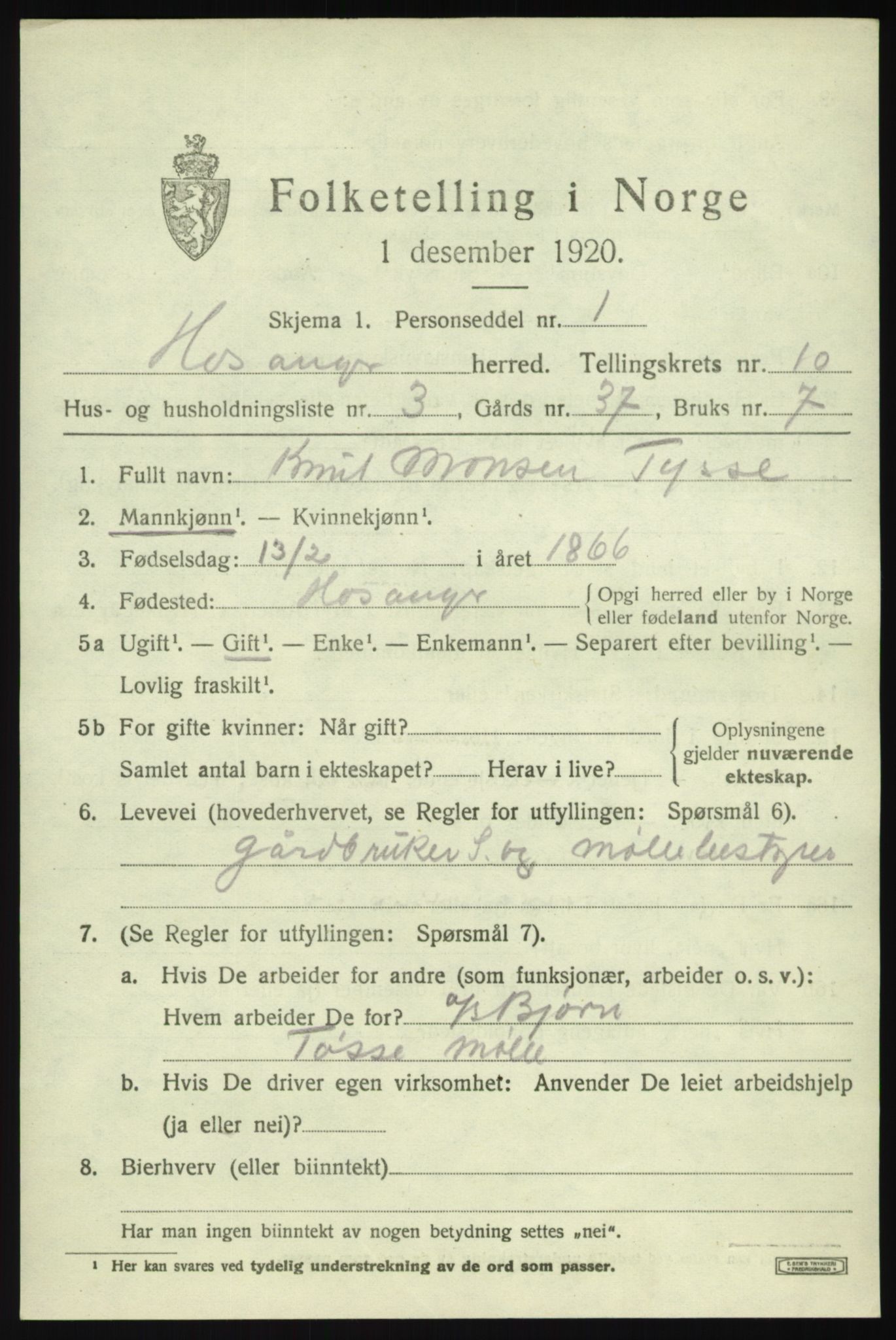SAB, 1920 census for Hosanger, 1920, p. 4233