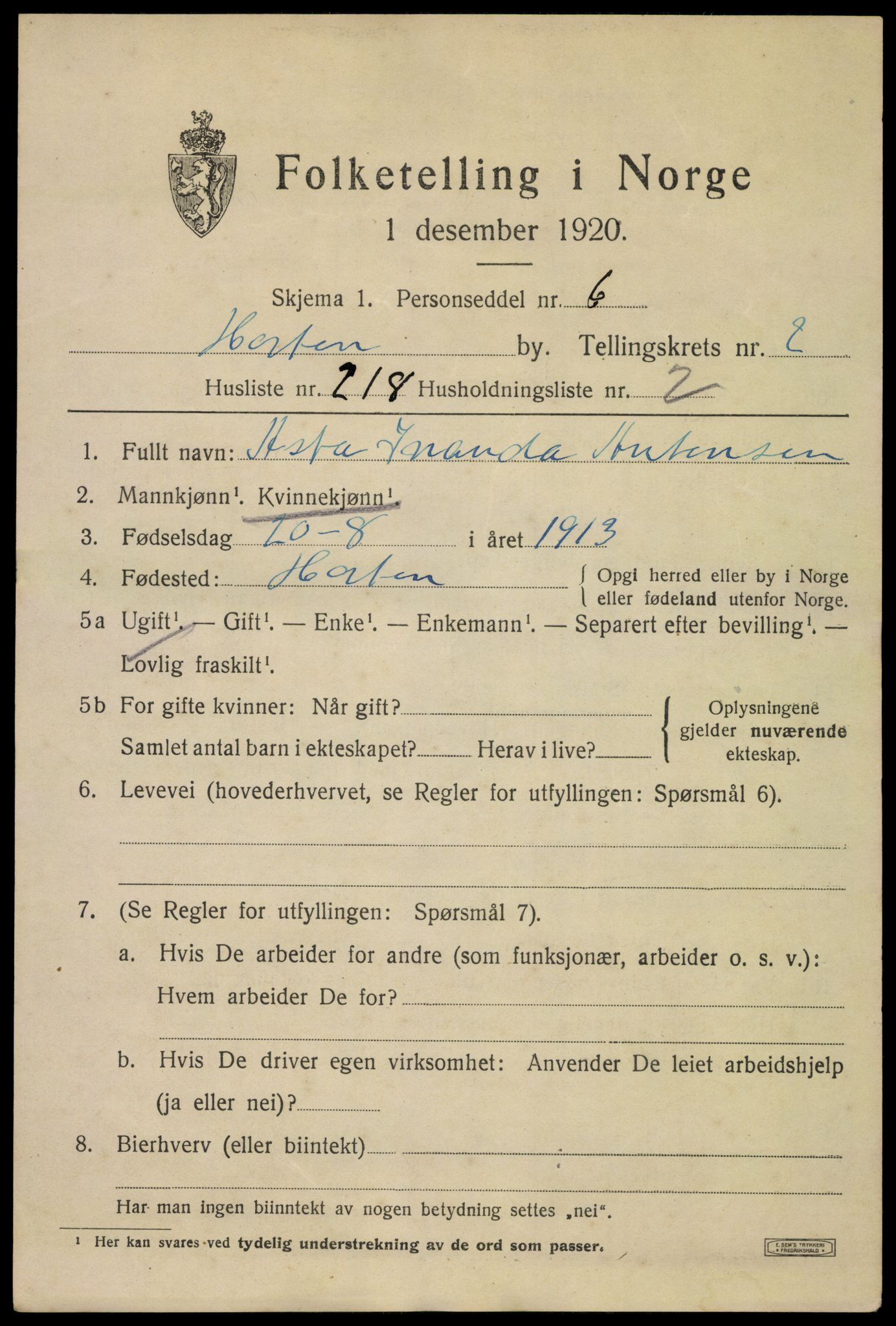 SAKO, 1920 census for Horten, 1920, p. 13441