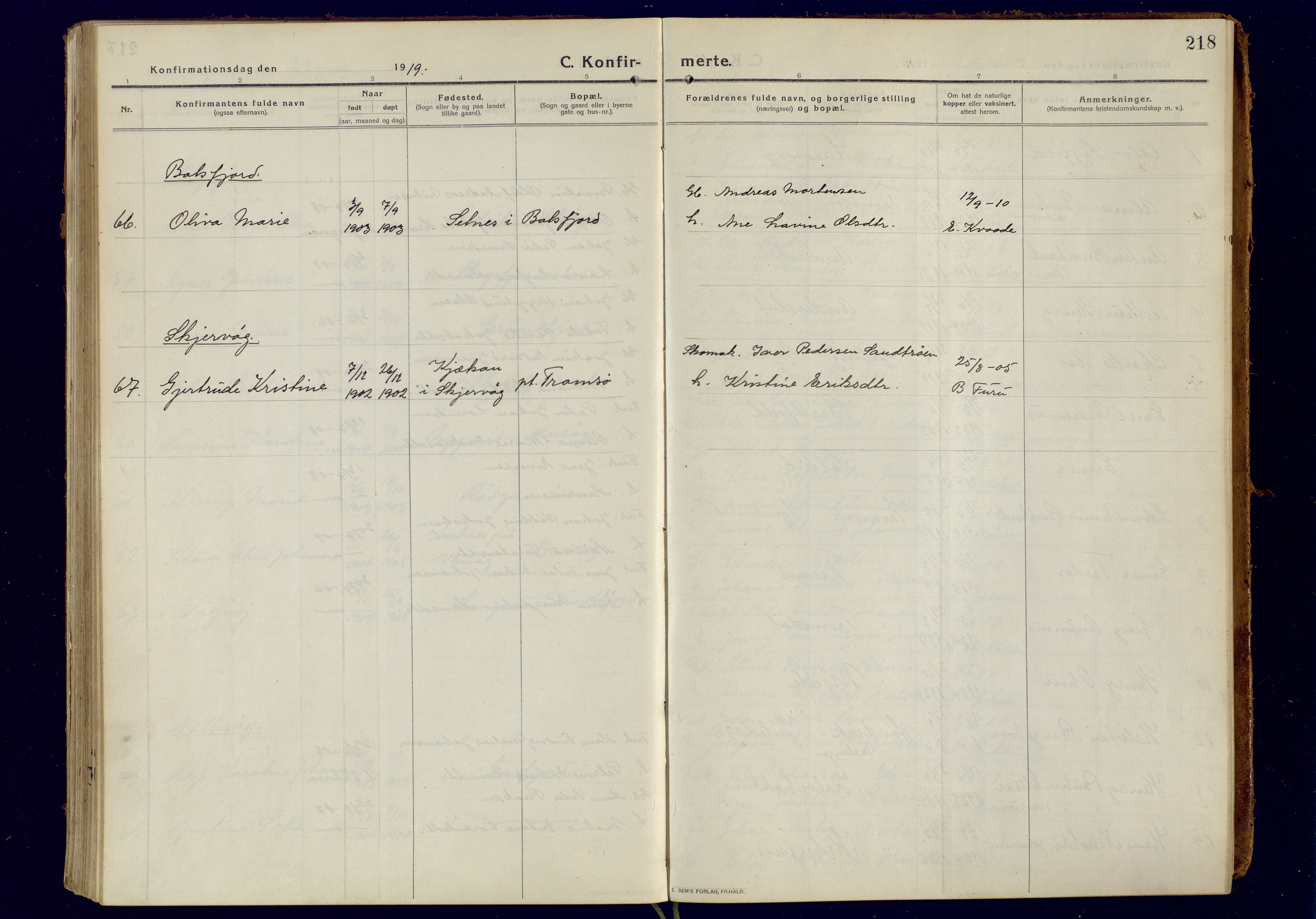 Tromsøysund sokneprestkontor, AV/SATØ-S-1304/G/Ga/L0008kirke: Parish register (official) no. 8, 1914-1922, p. 218