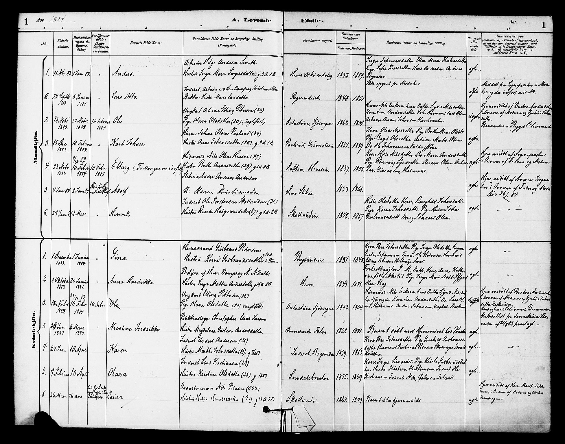 Ådal kirkebøker, AV/SAKO-A-248/F/Fb/L0001: Parish register (official) no. II 1, 1884-1897, p. 1