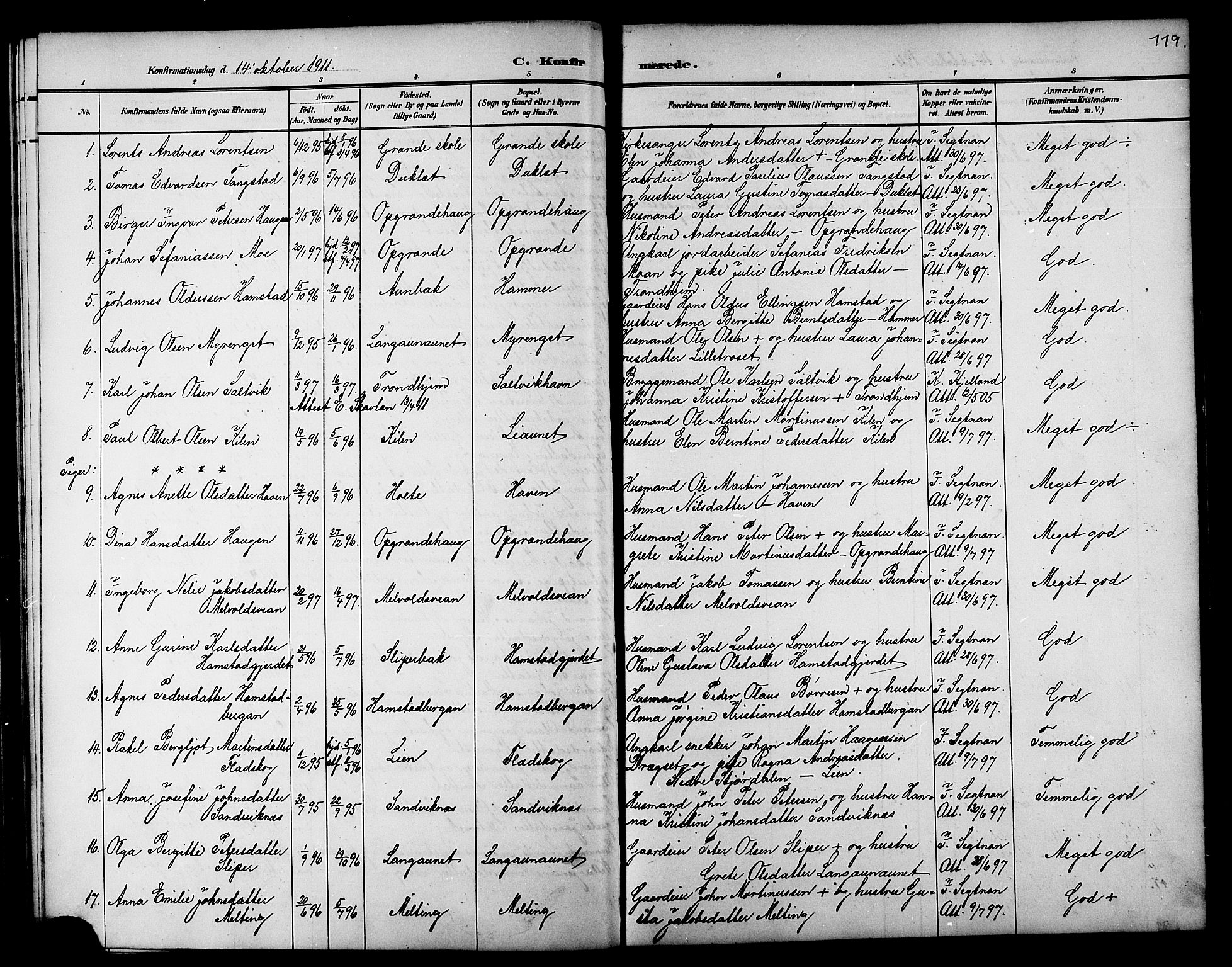 Ministerialprotokoller, klokkerbøker og fødselsregistre - Nord-Trøndelag, SAT/A-1458/733/L0327: Parish register (copy) no. 733C02, 1888-1918, p. 119