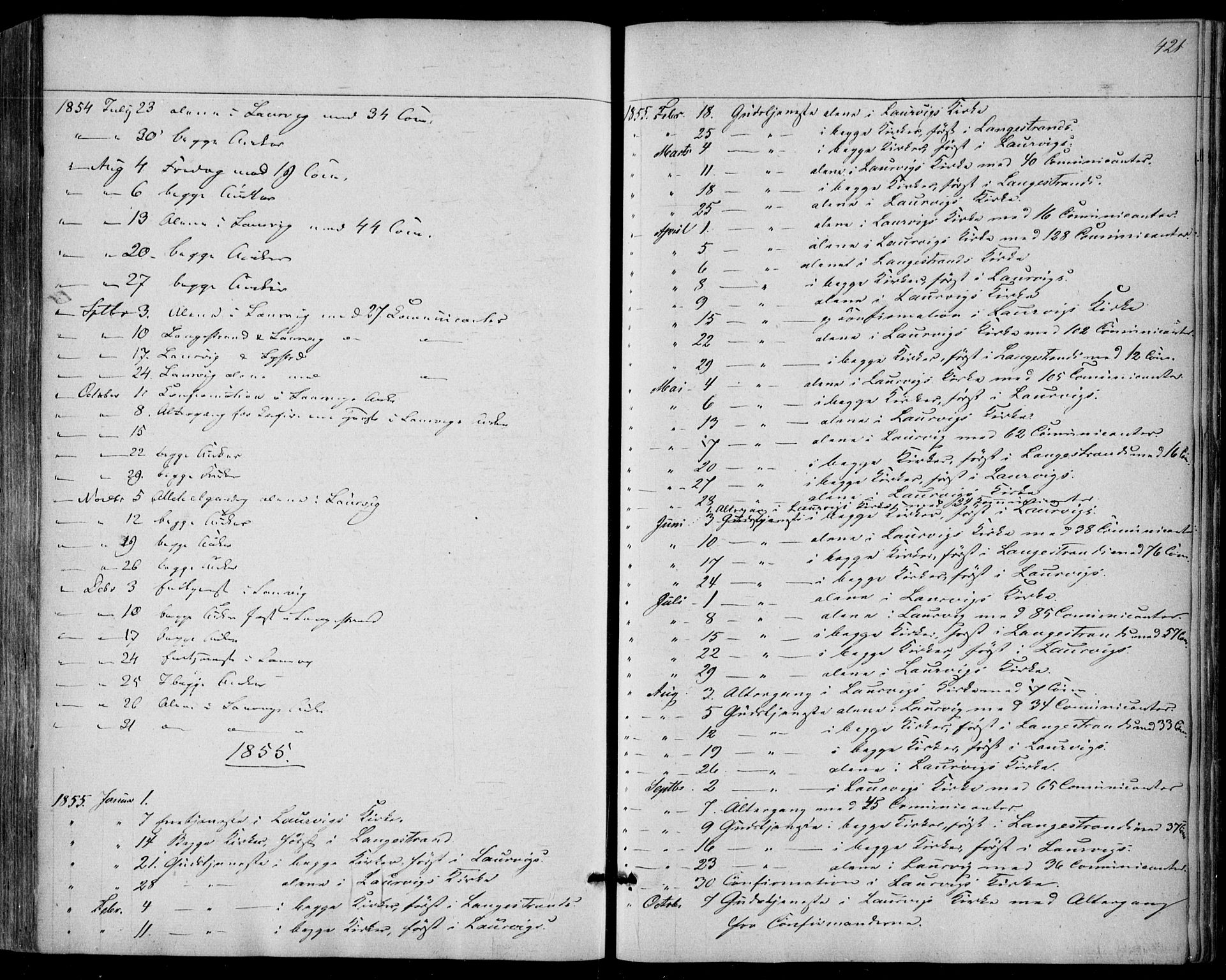 Larvik kirkebøker, AV/SAKO-A-352/F/Fa/L0003: Parish register (official) no. I 3, 1848-1856, p. 421