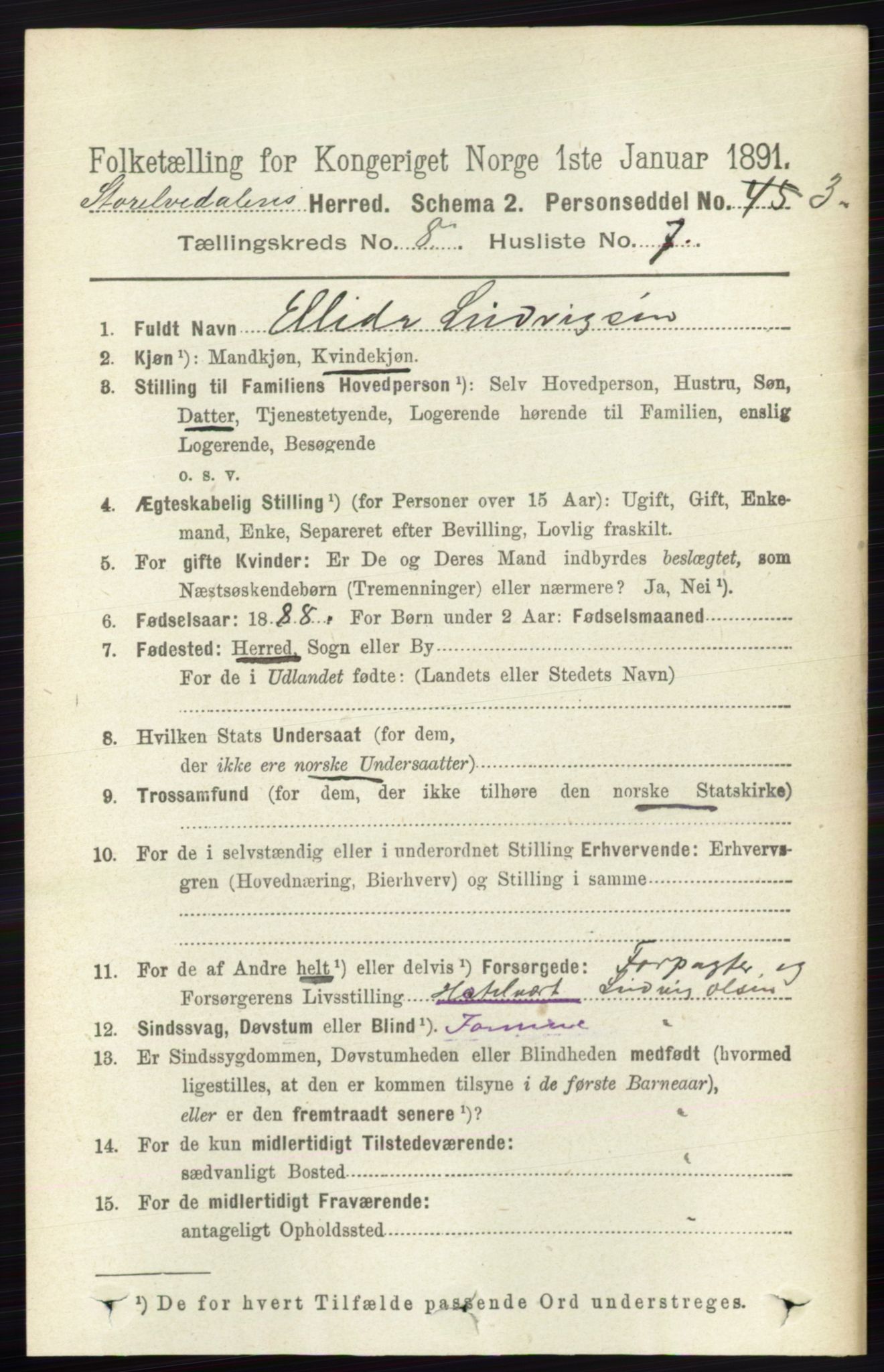 RA, 1891 census for 0430 Stor-Elvdal, 1891, p. 3487