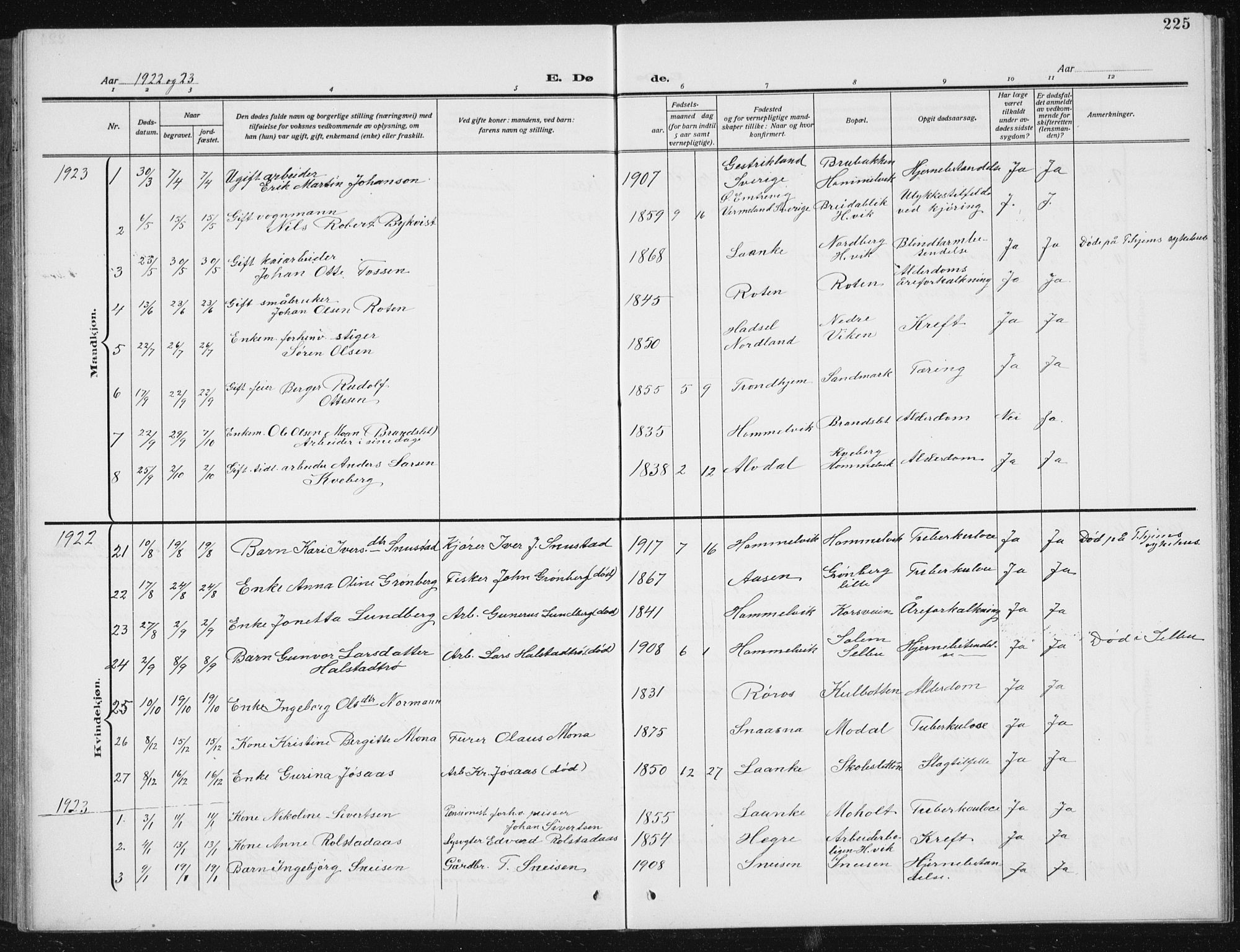 Ministerialprotokoller, klokkerbøker og fødselsregistre - Sør-Trøndelag, SAT/A-1456/617/L0431: Parish register (copy) no. 617C02, 1910-1936, p. 225