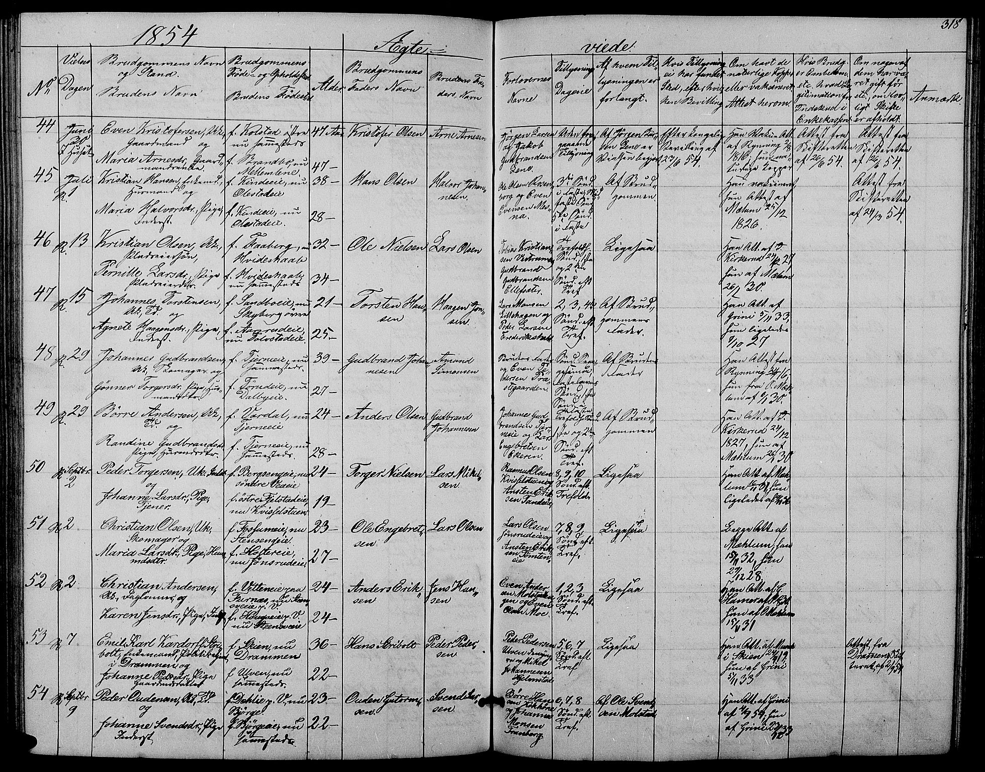 Ringsaker prestekontor, AV/SAH-PREST-014/L/La/L0006: Parish register (copy) no. 6, 1851-1860, p. 318