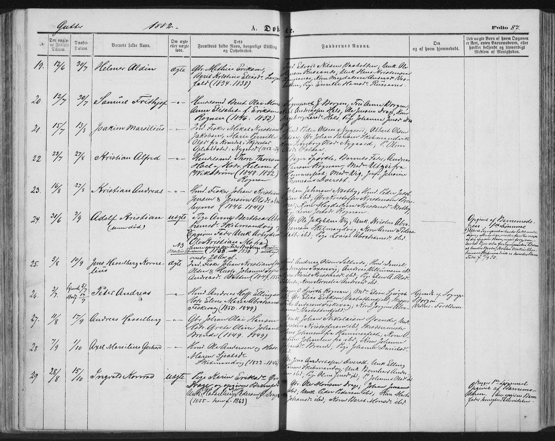 Ministerialprotokoller, klokkerbøker og fødselsregistre - Nordland, AV/SAT-A-1459/847/L0668: Parish register (official) no. 847A08, 1872-1886, p. 87