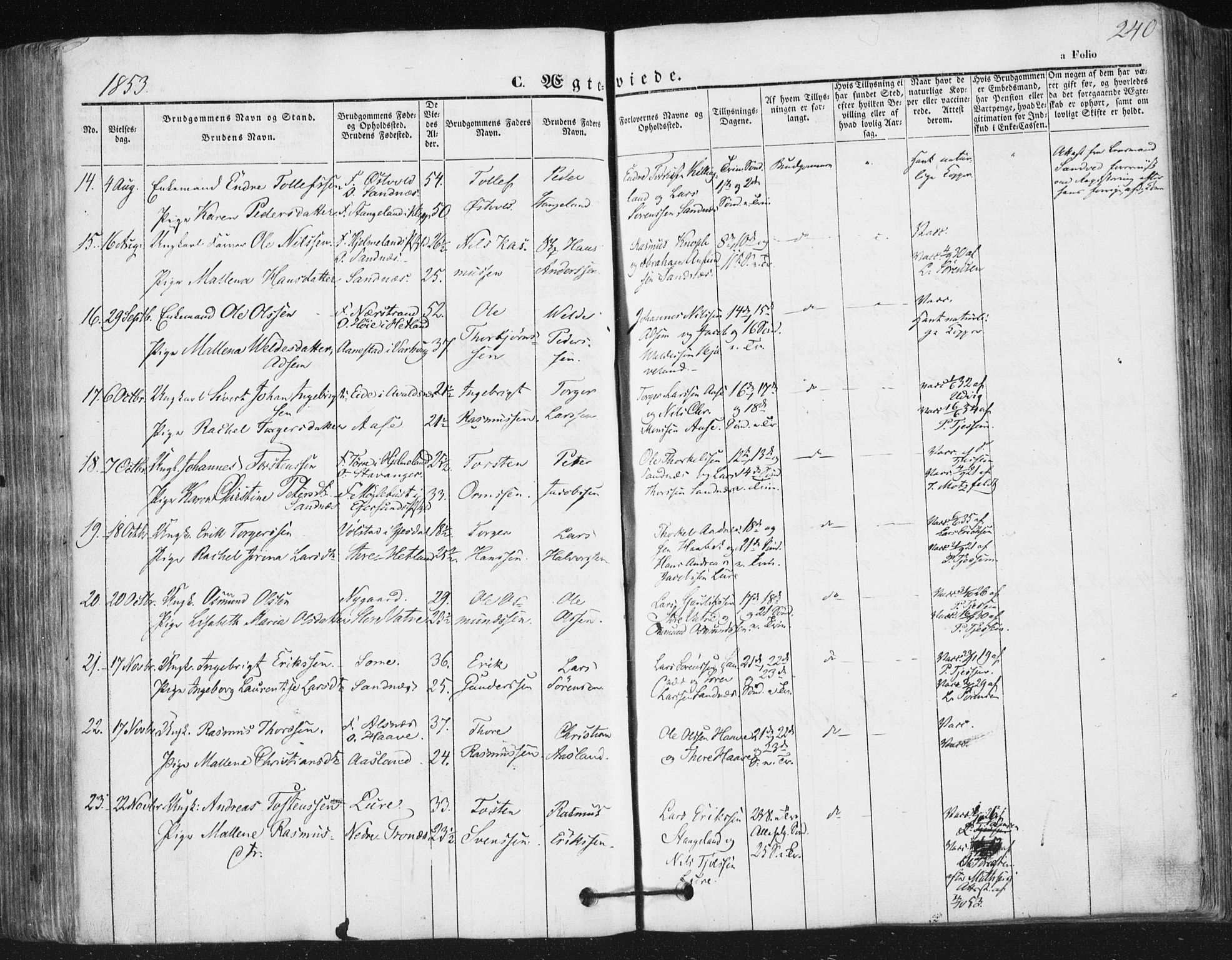 Høyland sokneprestkontor, SAST/A-101799/001/30BA/L0008: Parish register (official) no. A 8, 1841-1856, p. 240