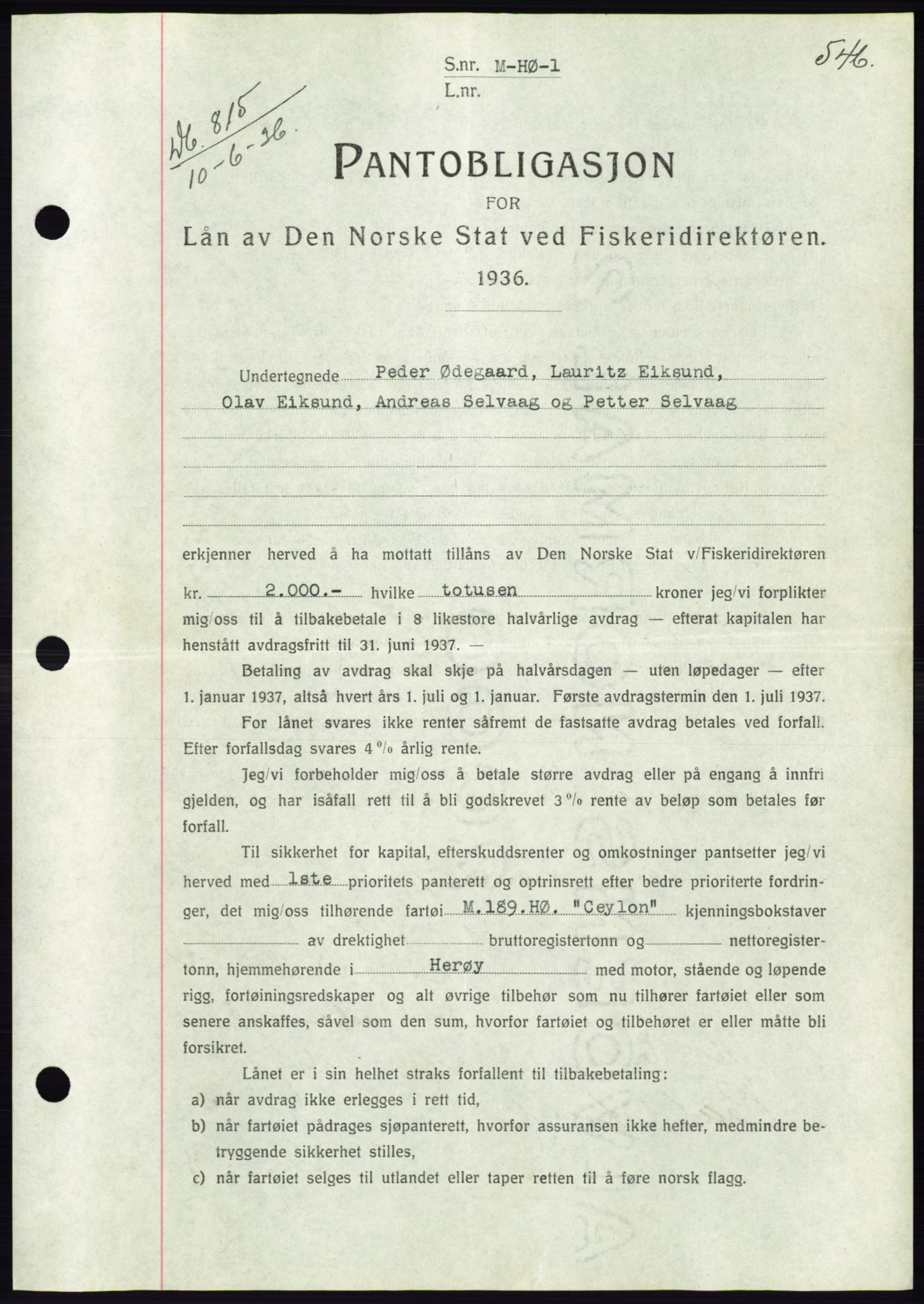 Søre Sunnmøre sorenskriveri, AV/SAT-A-4122/1/2/2C/L0060: Mortgage book no. 54, 1935-1936, Deed date: 10.06.1936