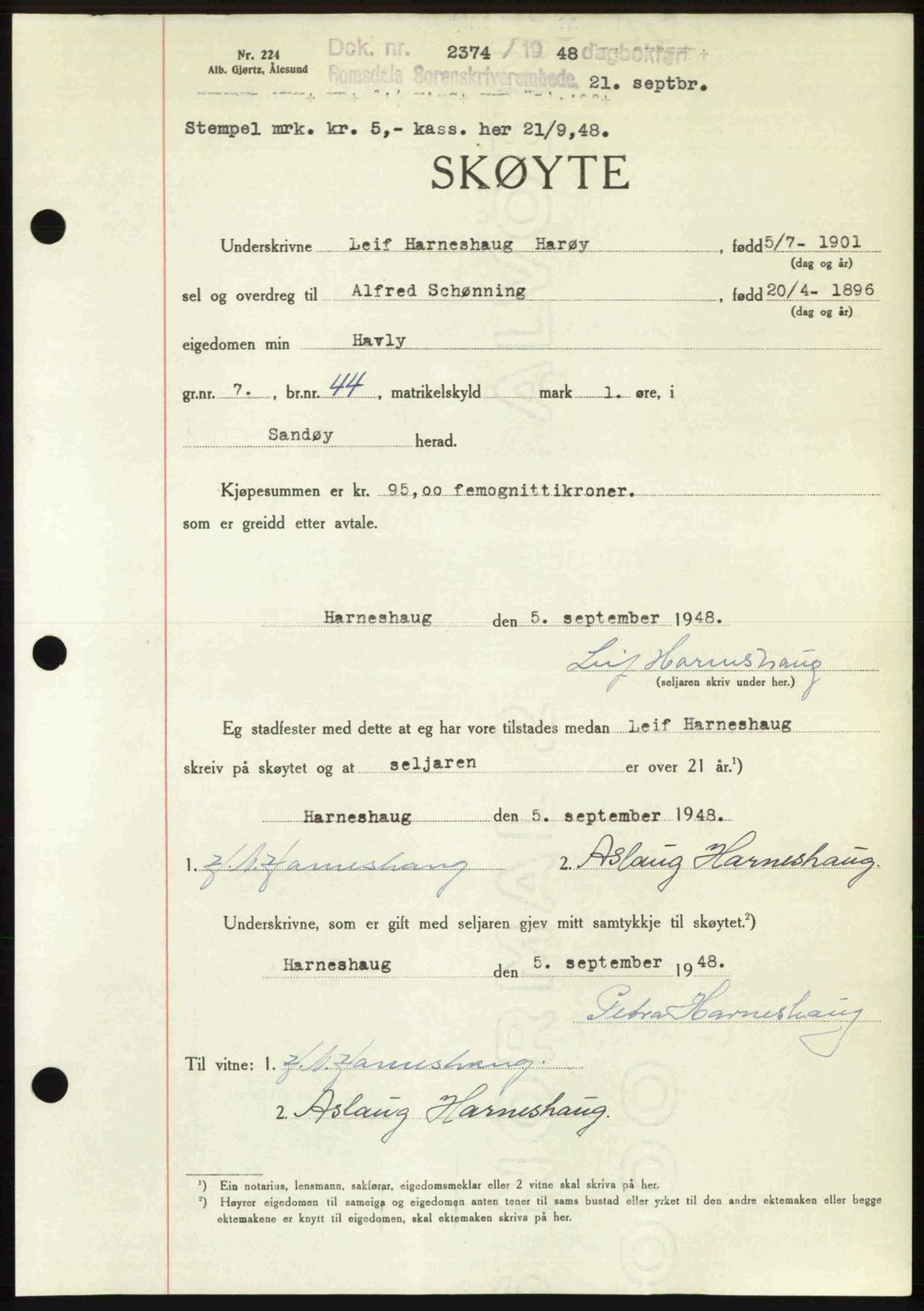 Romsdal sorenskriveri, AV/SAT-A-4149/1/2/2C: Mortgage book no. A27, 1948-1948, Diary no: : 2374/1948