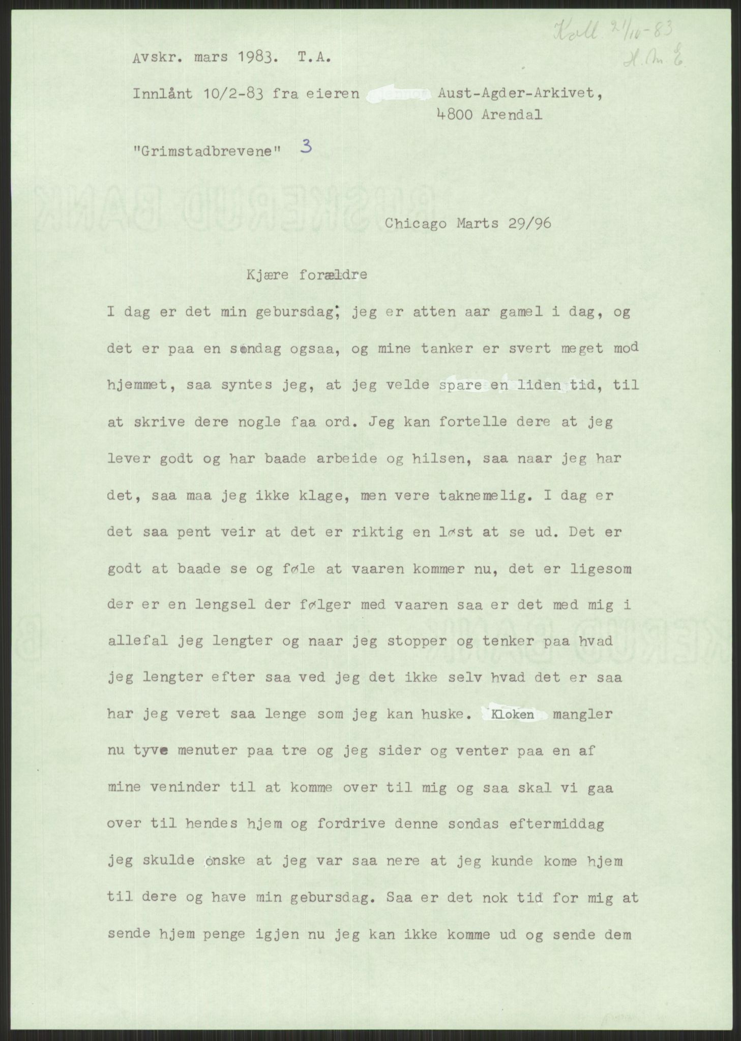 Samlinger til kildeutgivelse, Amerikabrevene, AV/RA-EA-4057/F/L0025: Innlån fra Aust-Agder: Aust-Agder-Arkivet, Grimstadbrevene, 1838-1914, p. 31