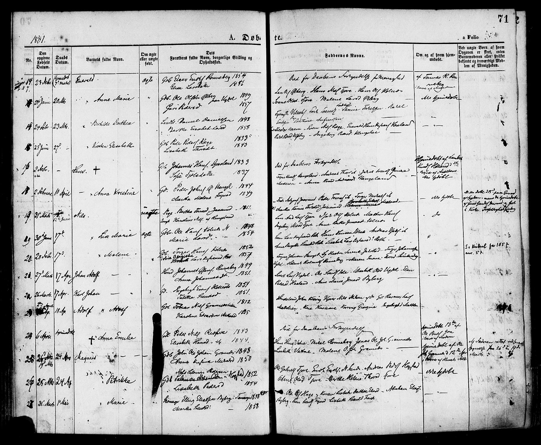 Håland sokneprestkontor, AV/SAST-A-101802/001/30BA/L0009: Parish register (official) no. A 8, 1871-1882, p. 71