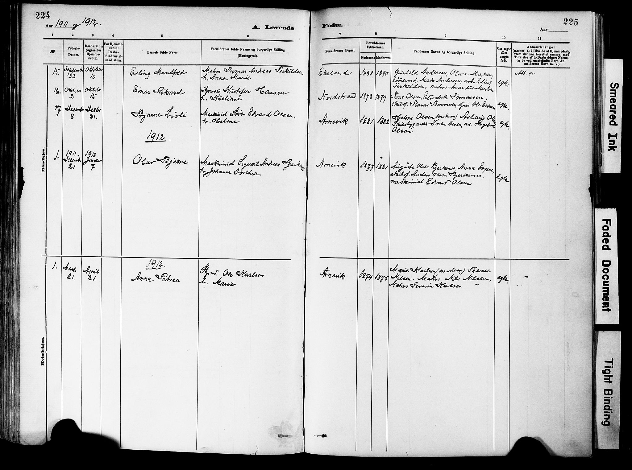 Dypvåg sokneprestkontor, SAK/1111-0007/F/Fa/Fab/L0001: Parish register (official) no. A 1, 1885-1912, p. 224-225