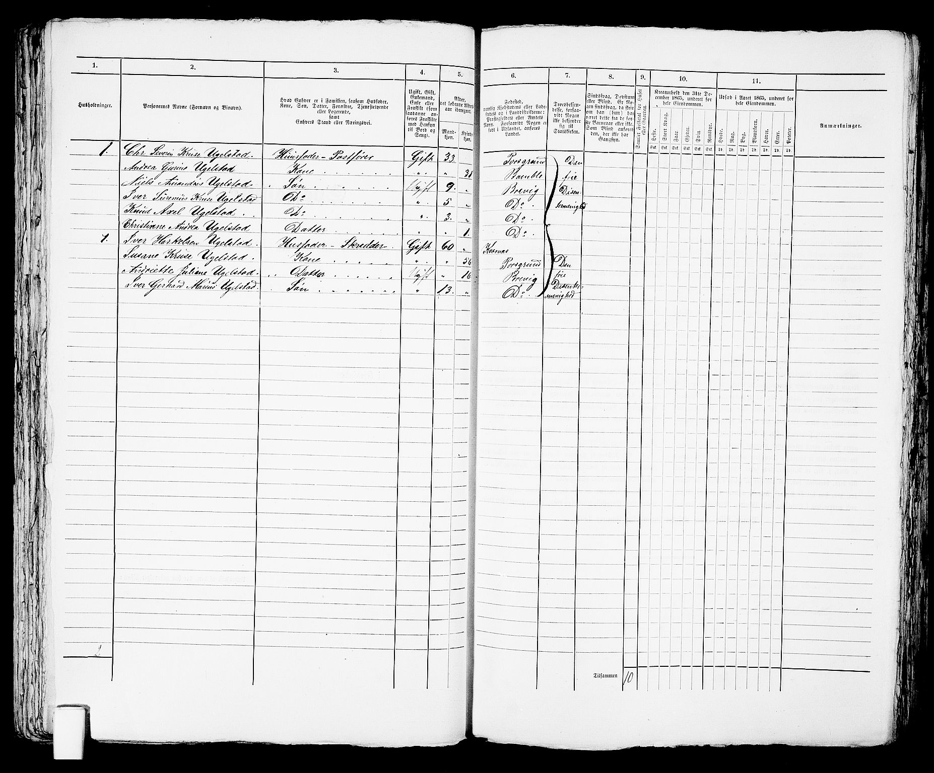 RA, 1865 census for Brevik, 1865, p. 490