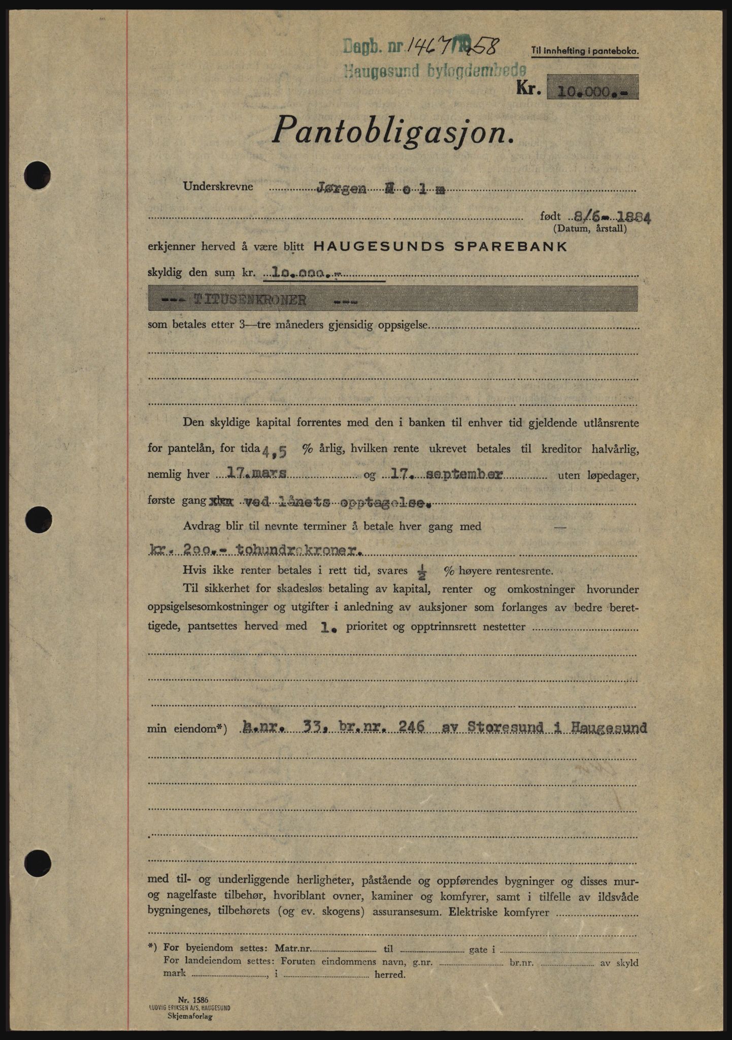 Haugesund tingrett, SAST/A-101415/01/II/IIC/L0044: Mortgage book no. B 44, 1958-1959, Diary no: : 1467/1958