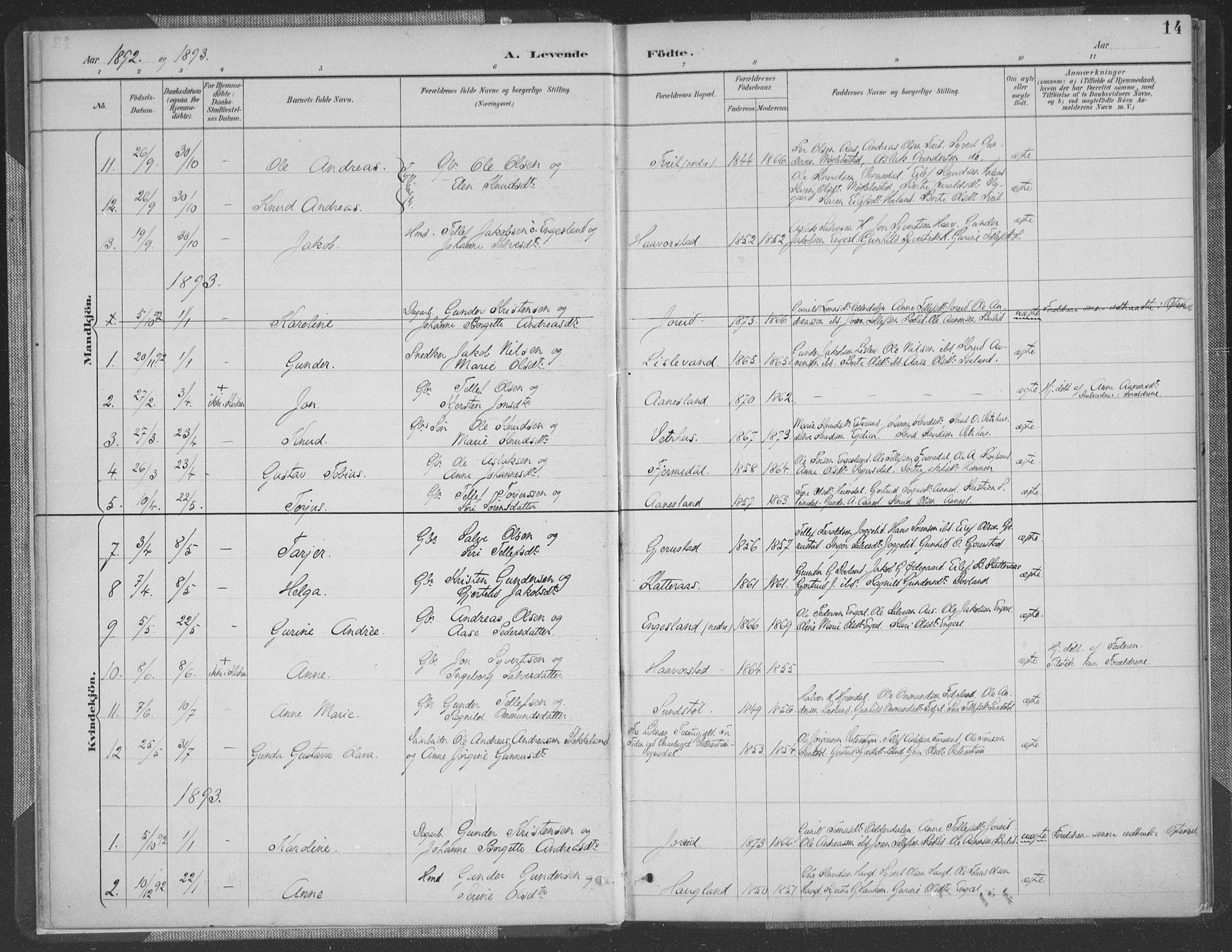 Herefoss sokneprestkontor, SAK/1111-0019/F/Fa/Fab/L0004: Parish register (official) no. A 4, 1887-1909, p. 14
