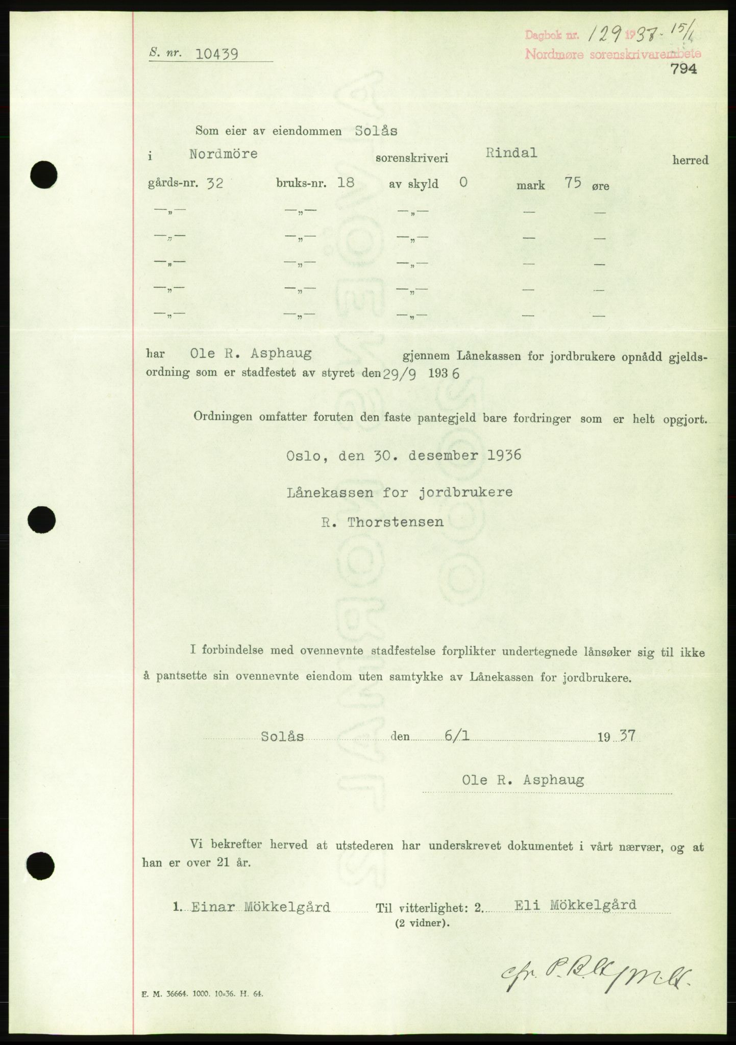 Nordmøre sorenskriveri, AV/SAT-A-4132/1/2/2Ca/L0090: Mortgage book no. B80, 1936-1937, Diary no: : 129/1937