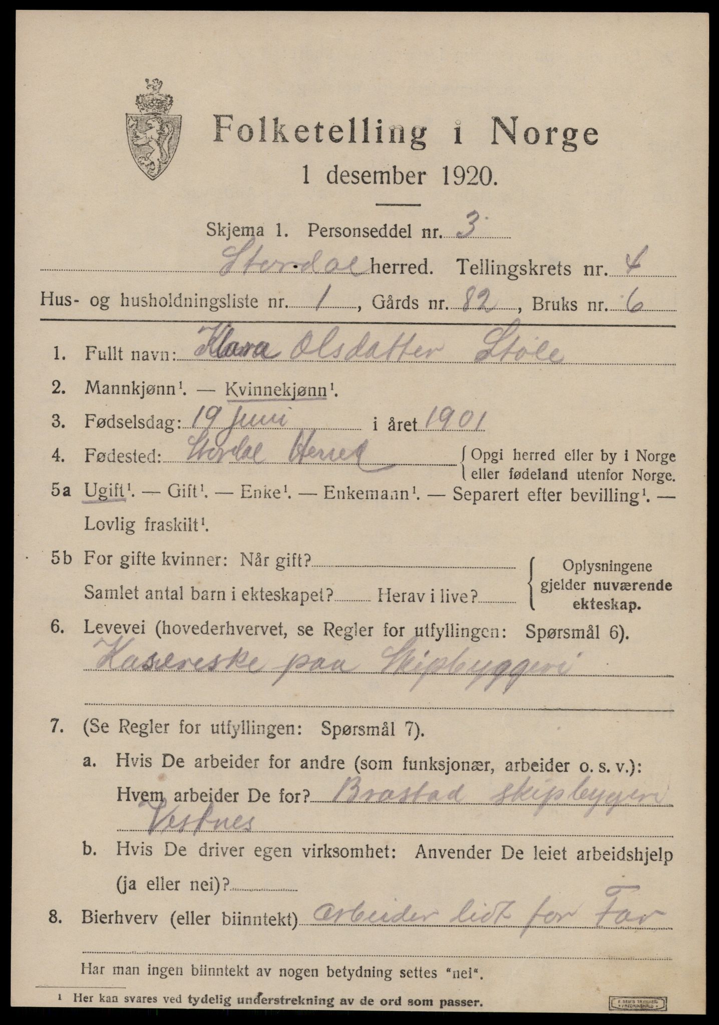 SAT, 1920 census for Stordal, 1920, p. 1234