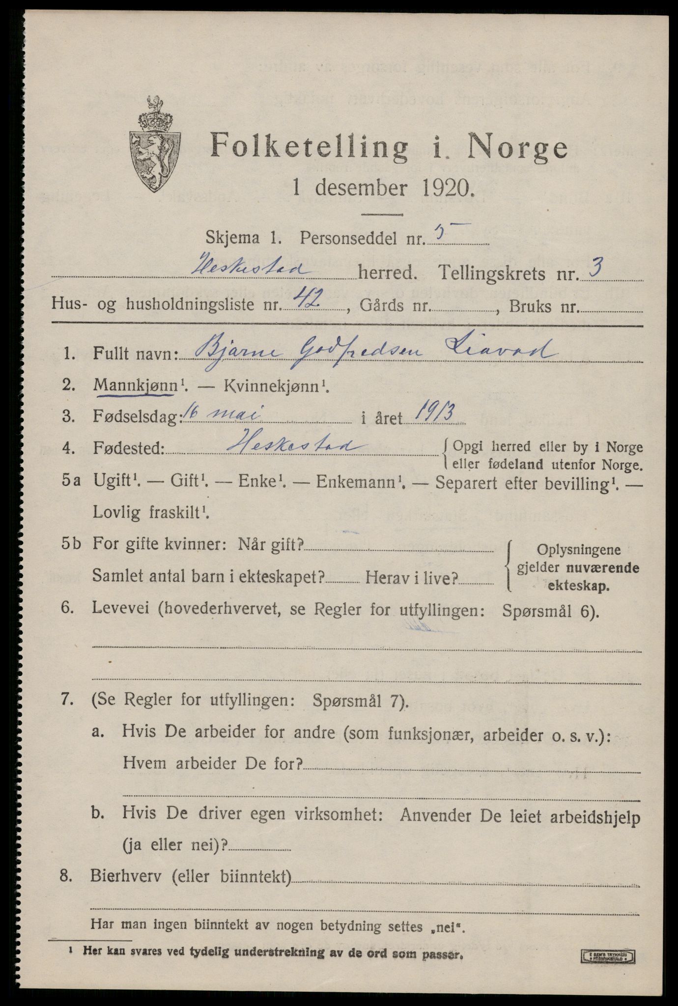 SAST, 1920 census for Heskestad, 1920, p. 1399