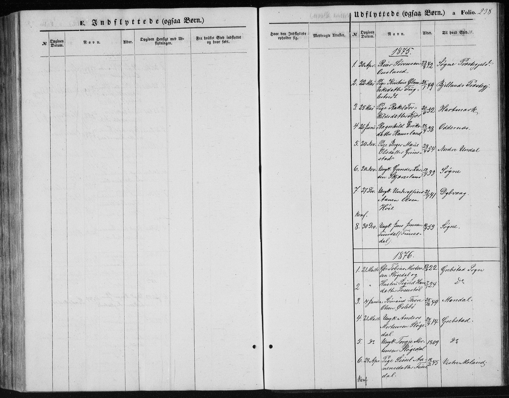 Holum sokneprestkontor, SAK/1111-0022/F/Fb/Fbc/L0002: Parish register (copy) no. B 2, 1860-1882, p. 238