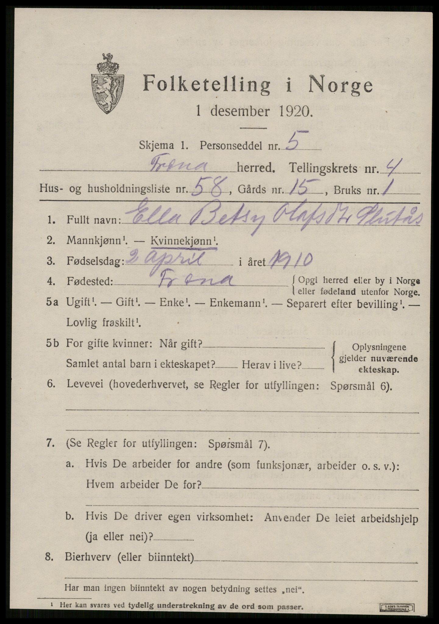 SAT, 1920 census for Fræna, 1920, p. 3539