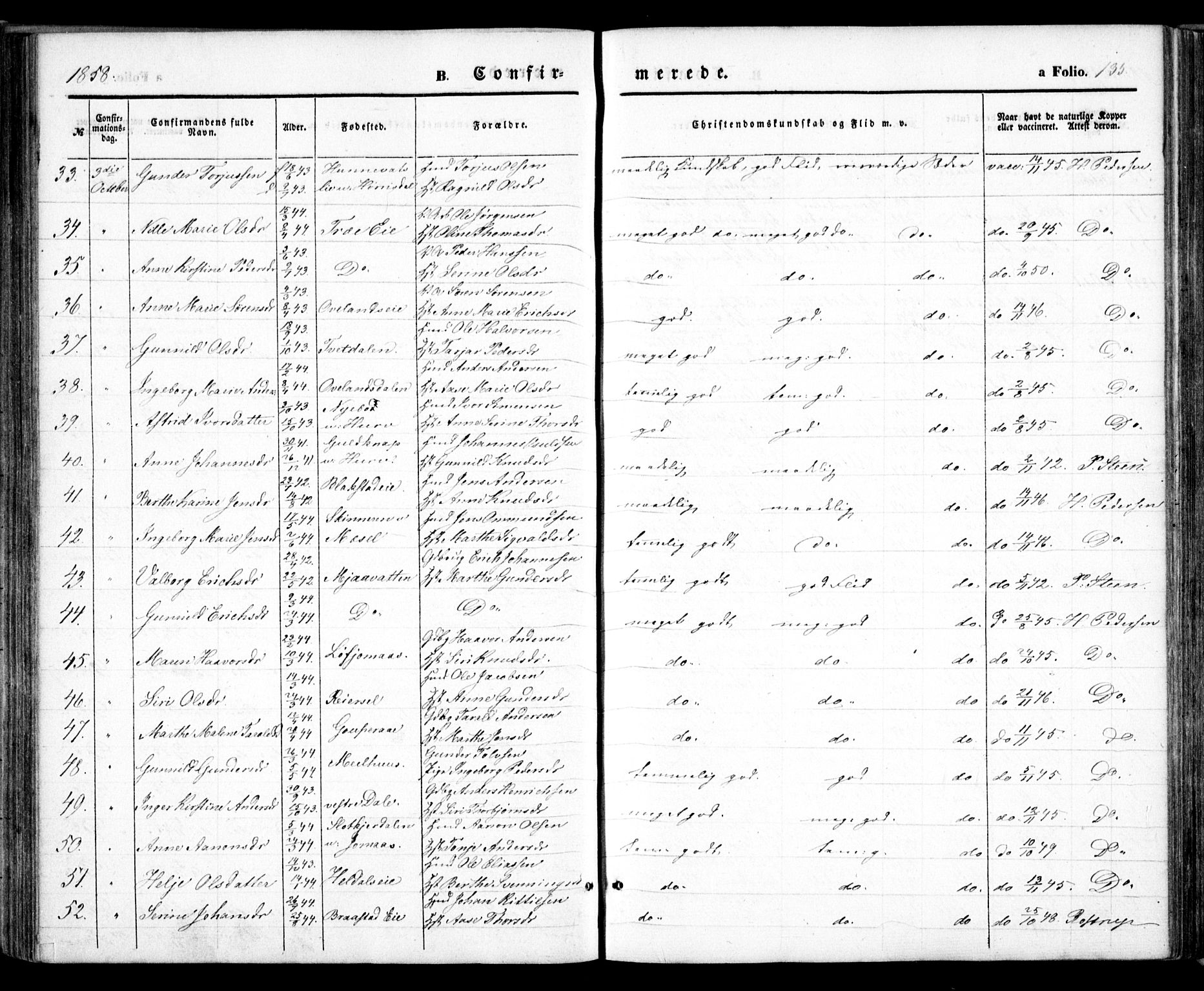 Froland sokneprestkontor, AV/SAK-1111-0013/F/Fa/L0002: Parish register (official) no. A 2, 1845-1863, p. 135