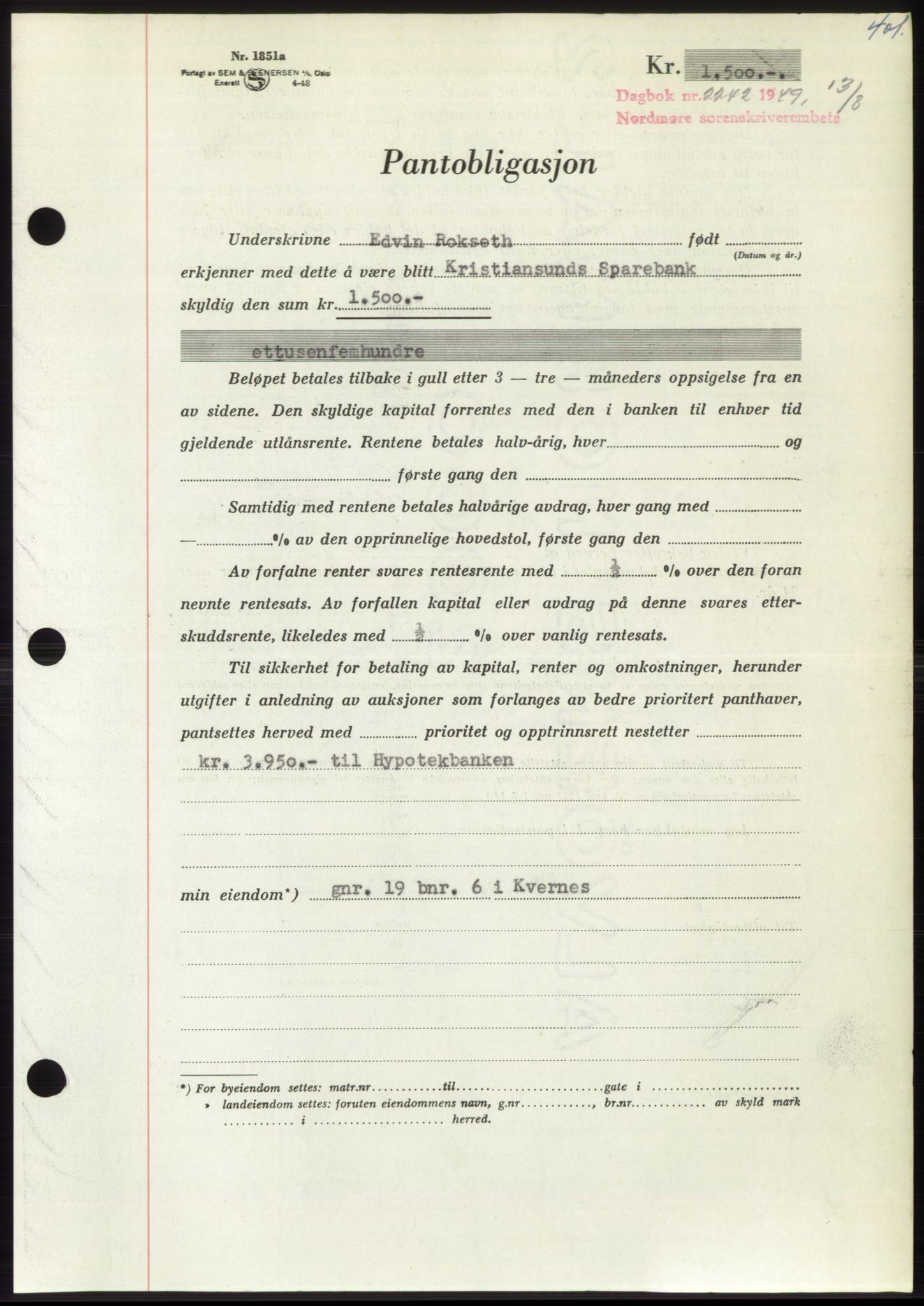 Nordmøre sorenskriveri, AV/SAT-A-4132/1/2/2Ca: Mortgage book no. B102, 1949-1949, Diary no: : 2242/1949