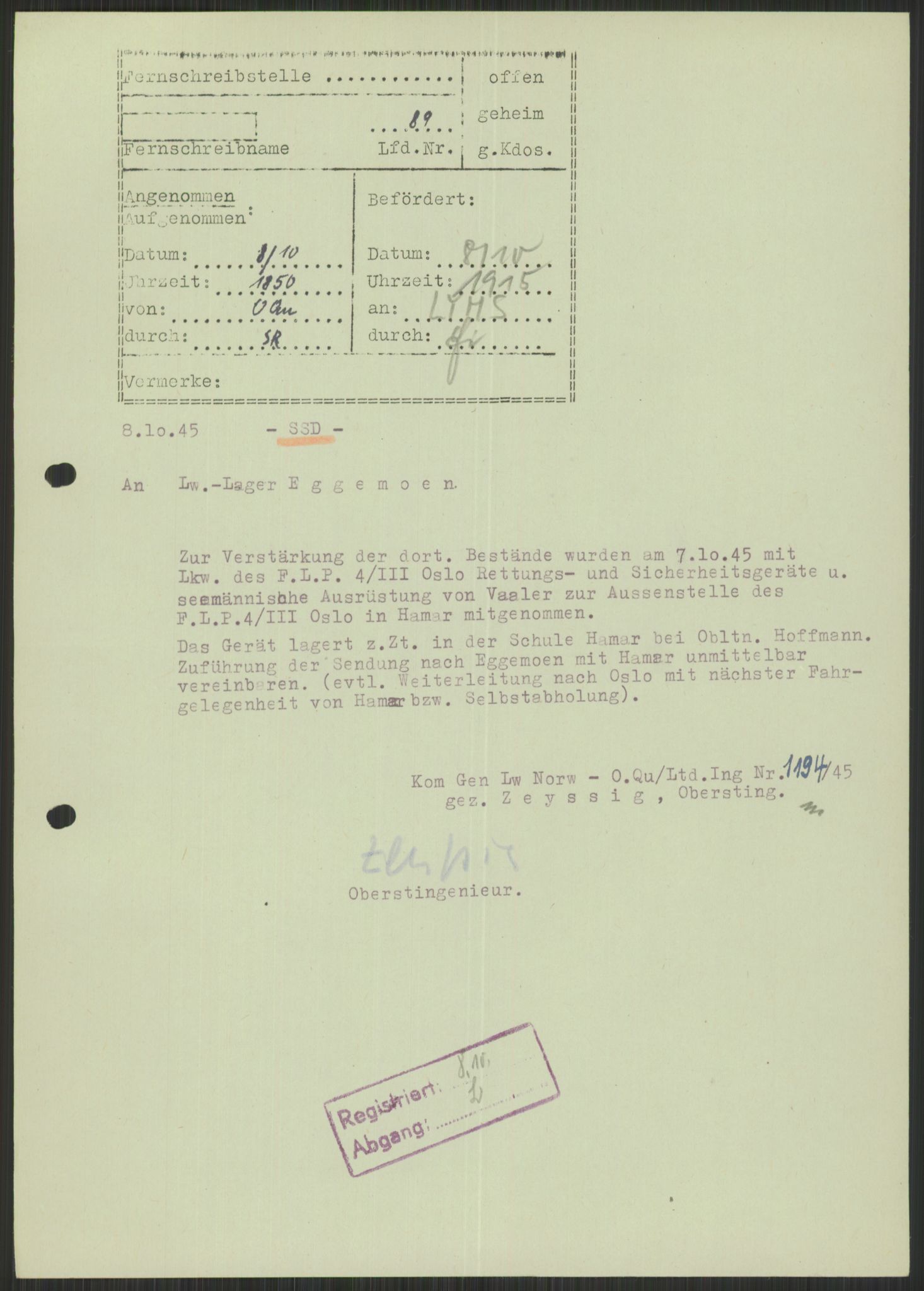 Deutscher Oberbefehlshaber Norwegen (DOBN), AV/RA-RAFA-2197/D/Di/L0066: AOK 20/WBN-DOBN Luftwaffe/Komm G. d.Dt.Lw. in Norwegen, 1945, p. 783