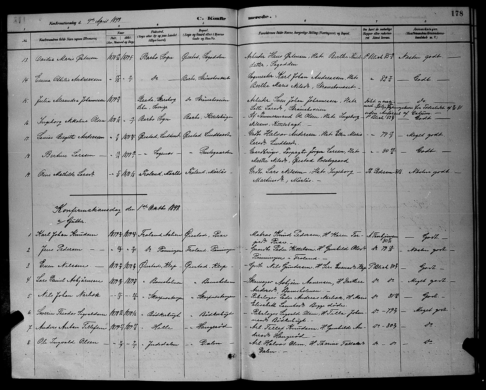 Øyestad sokneprestkontor, AV/SAK-1111-0049/F/Fb/L0009: Parish register (copy) no. B 9, 1886-1896, p. 178