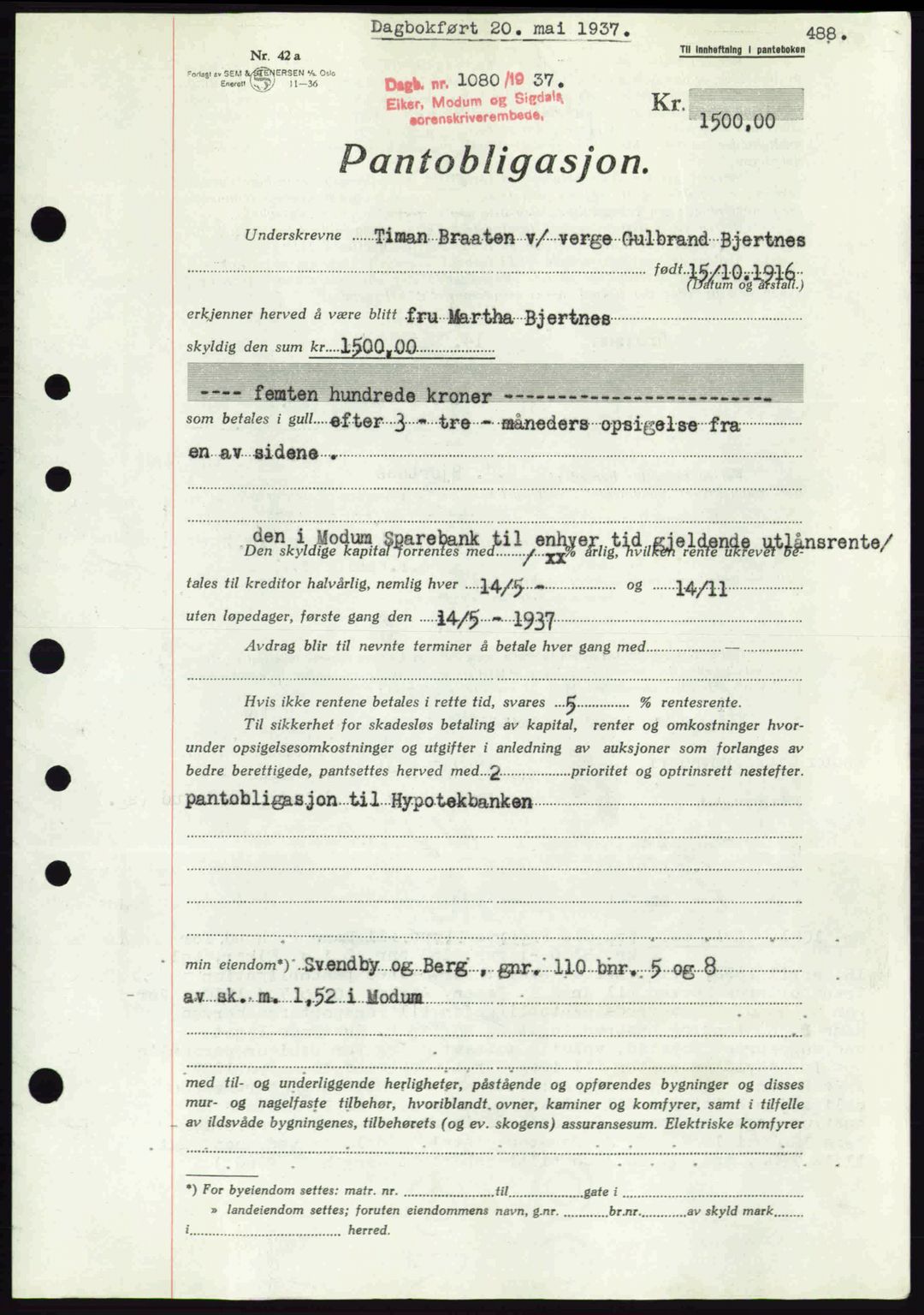 Eiker, Modum og Sigdal sorenskriveri, SAKO/A-123/G/Ga/Gab/L0035: Mortgage book no. A5, 1937-1937, Diary no: : 1080/1937