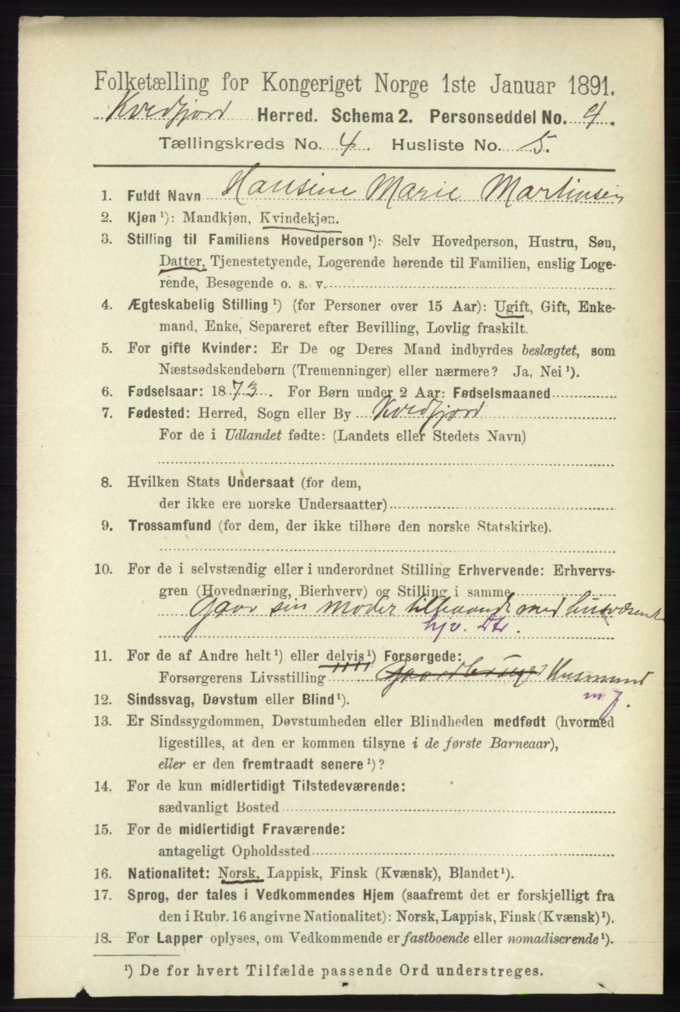 RA, 1891 census for 1911 Kvæfjord, 1891, p. 1917