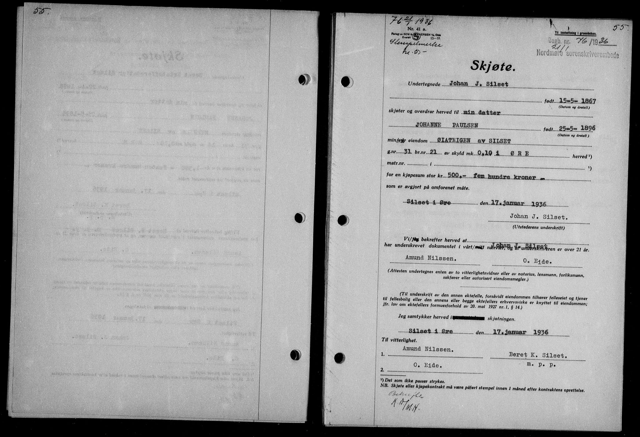 Nordmøre sorenskriveri, AV/SAT-A-4132/1/2/2Ca/L0087: Mortgage book no. 77, 1935-1936, Deed date: 21.01.1936