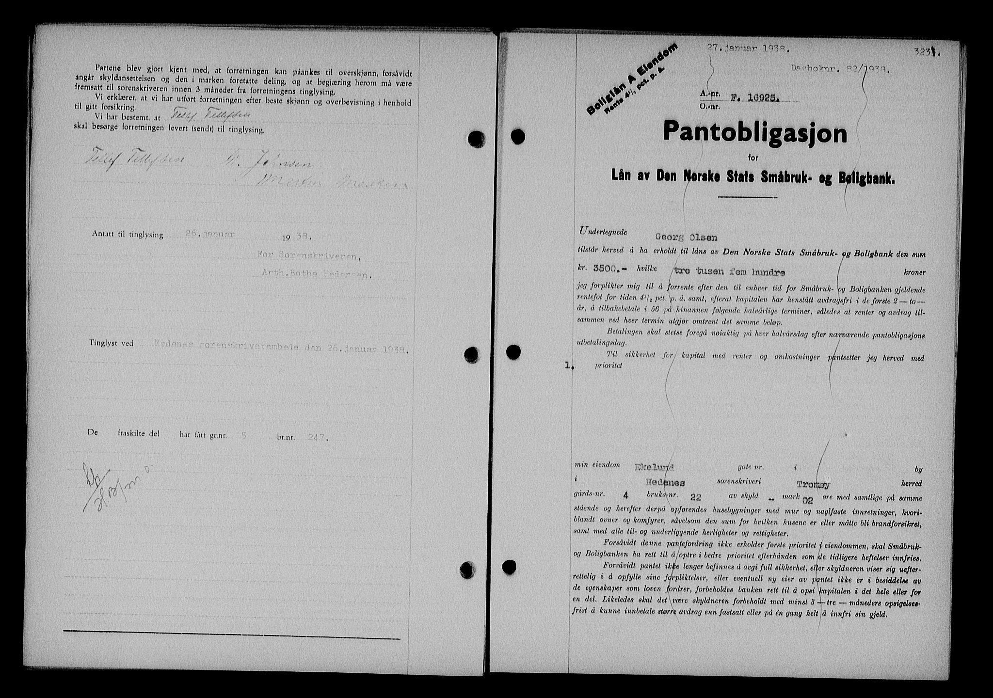 Nedenes sorenskriveri, SAK/1221-0006/G/Gb/Gba/L0044: Mortgage book no. 40, 1937-1938, Diary no: : 82/1938