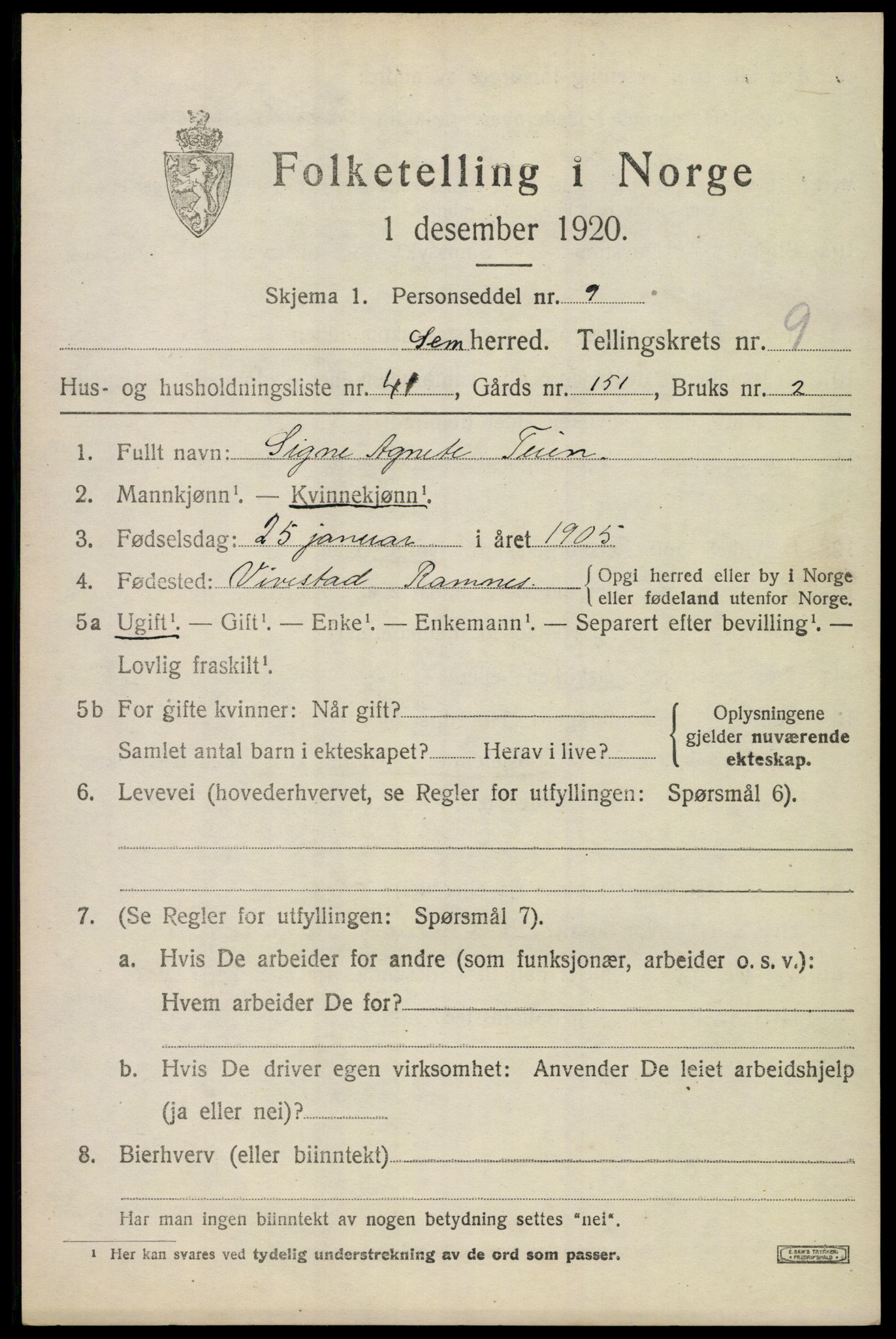 SAKO, 1920 census for Sem, 1920, p. 12989