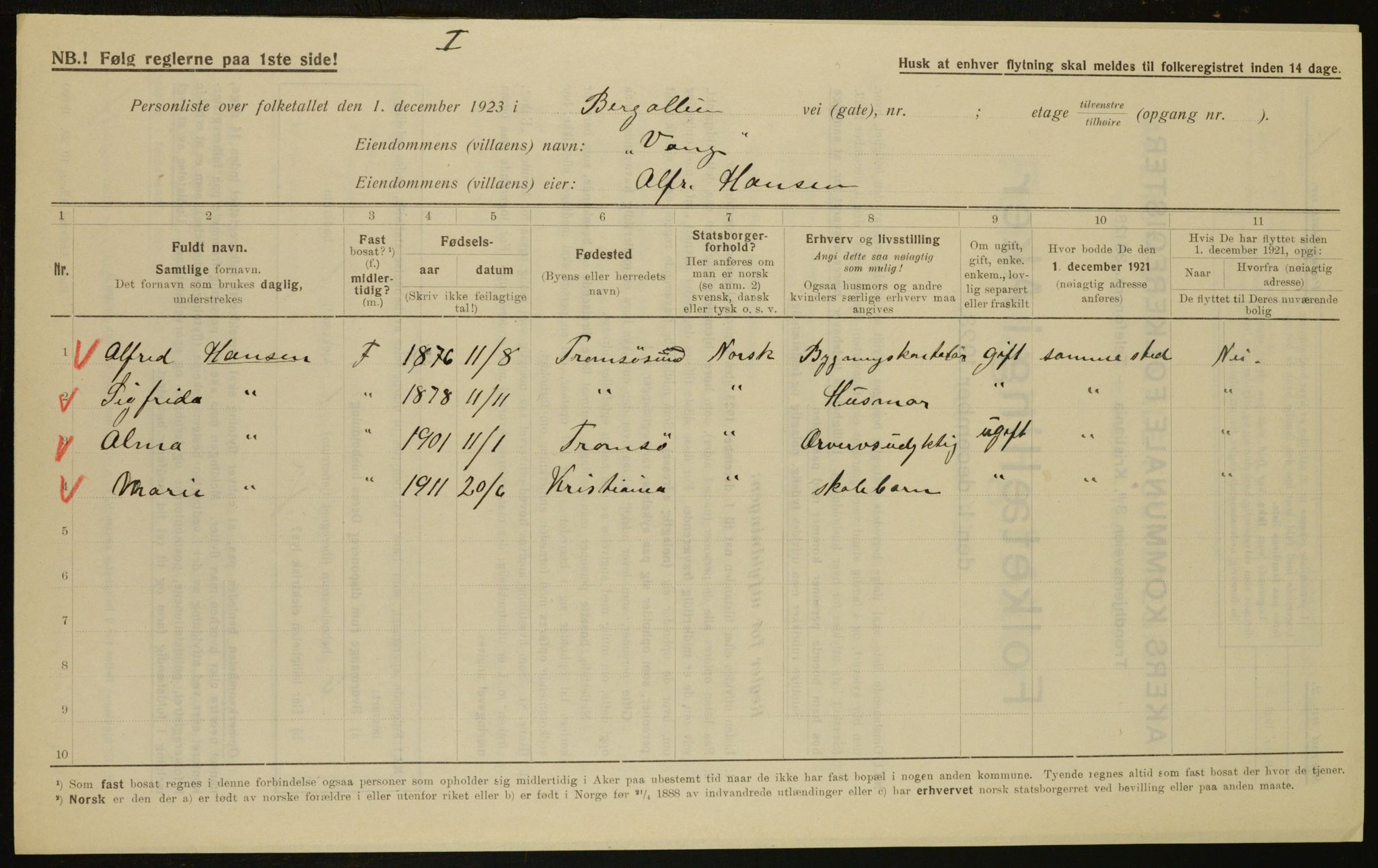 , Municipal Census 1923 for Aker, 1923, p. 7777