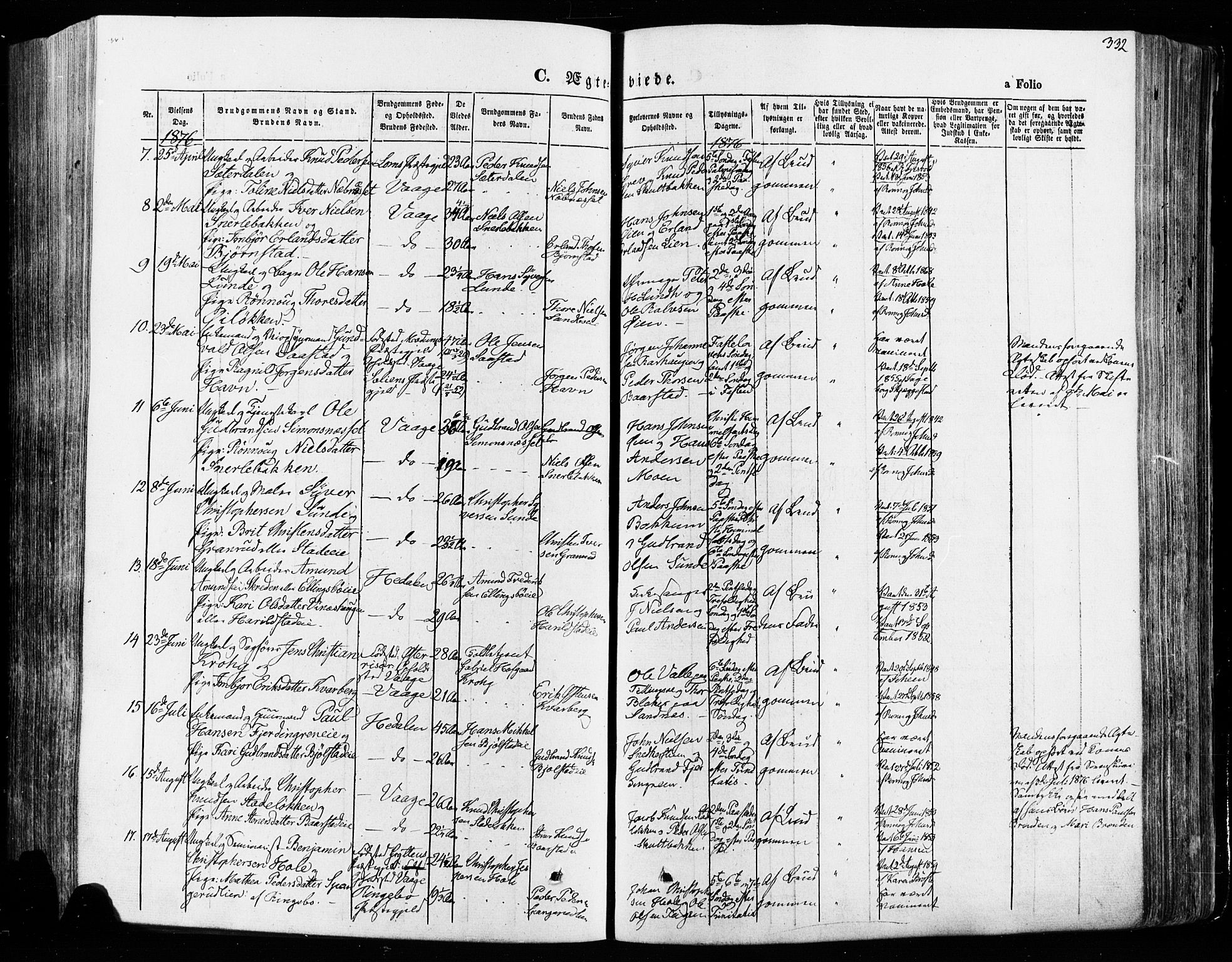 Vågå prestekontor, SAH/PREST-076/H/Ha/Haa/L0007: Parish register (official) no. 7 /1, 1872-1886, p. 332