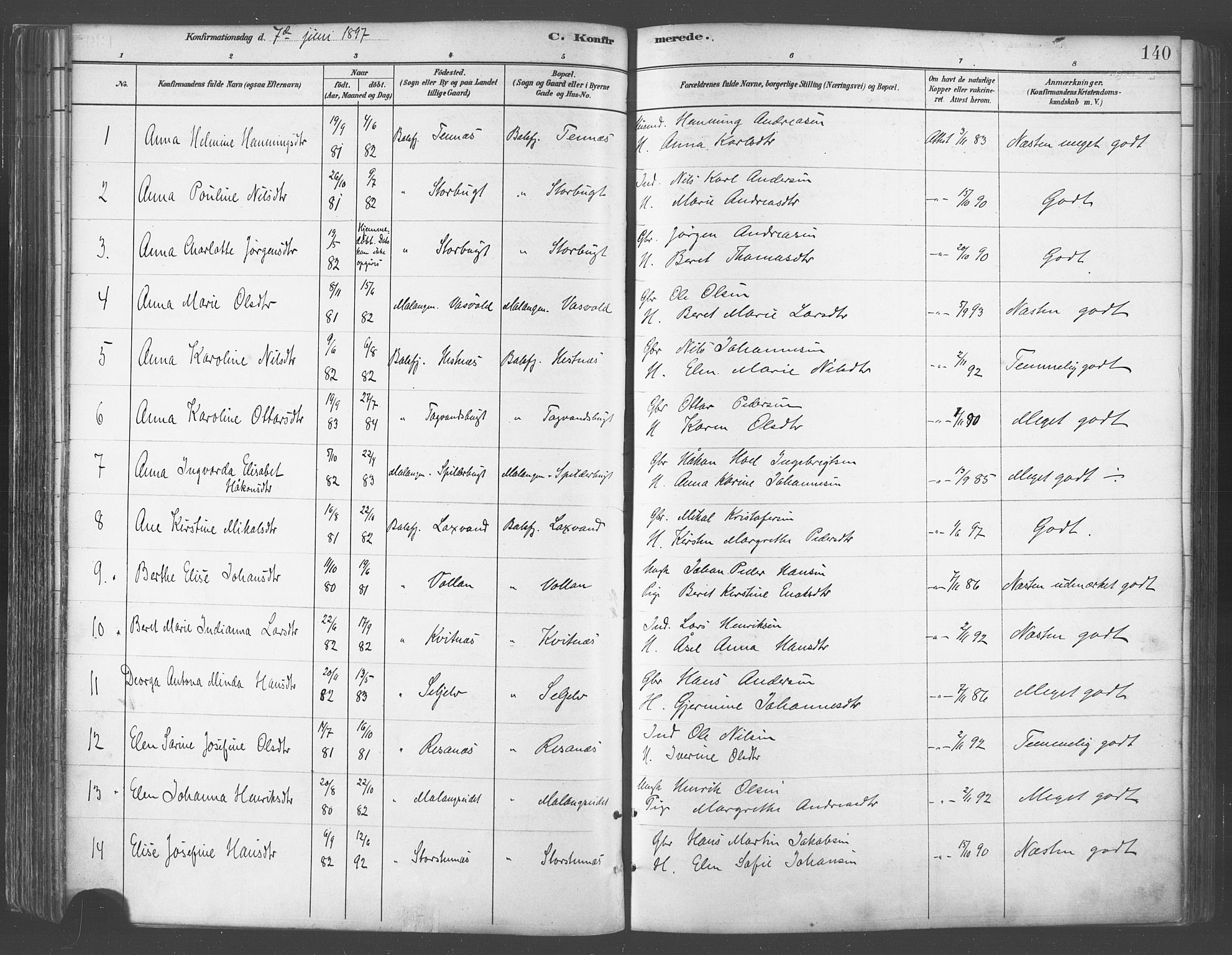 Balsfjord sokneprestembete, SATØ/S-1303/G/Ga/L0005kirke: Parish register (official) no. 5, 1884-1897, p. 140