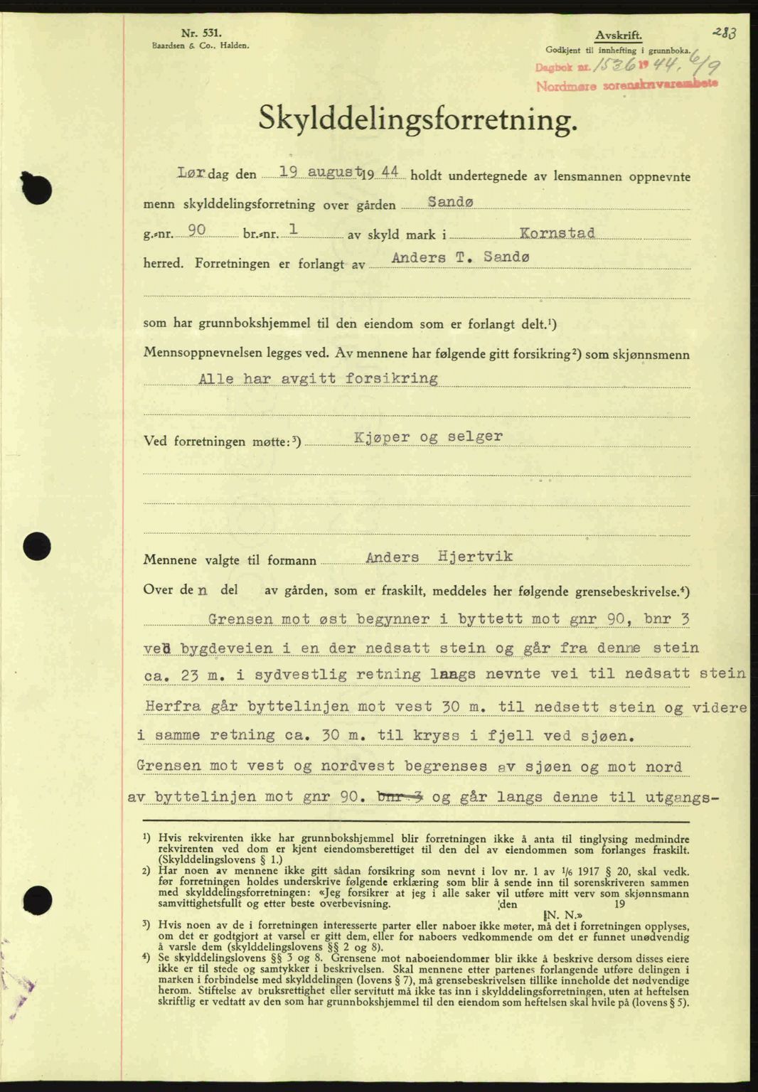 Nordmøre sorenskriveri, AV/SAT-A-4132/1/2/2Ca: Mortgage book no. A98, 1944-1944, Diary no: : 1536/1944