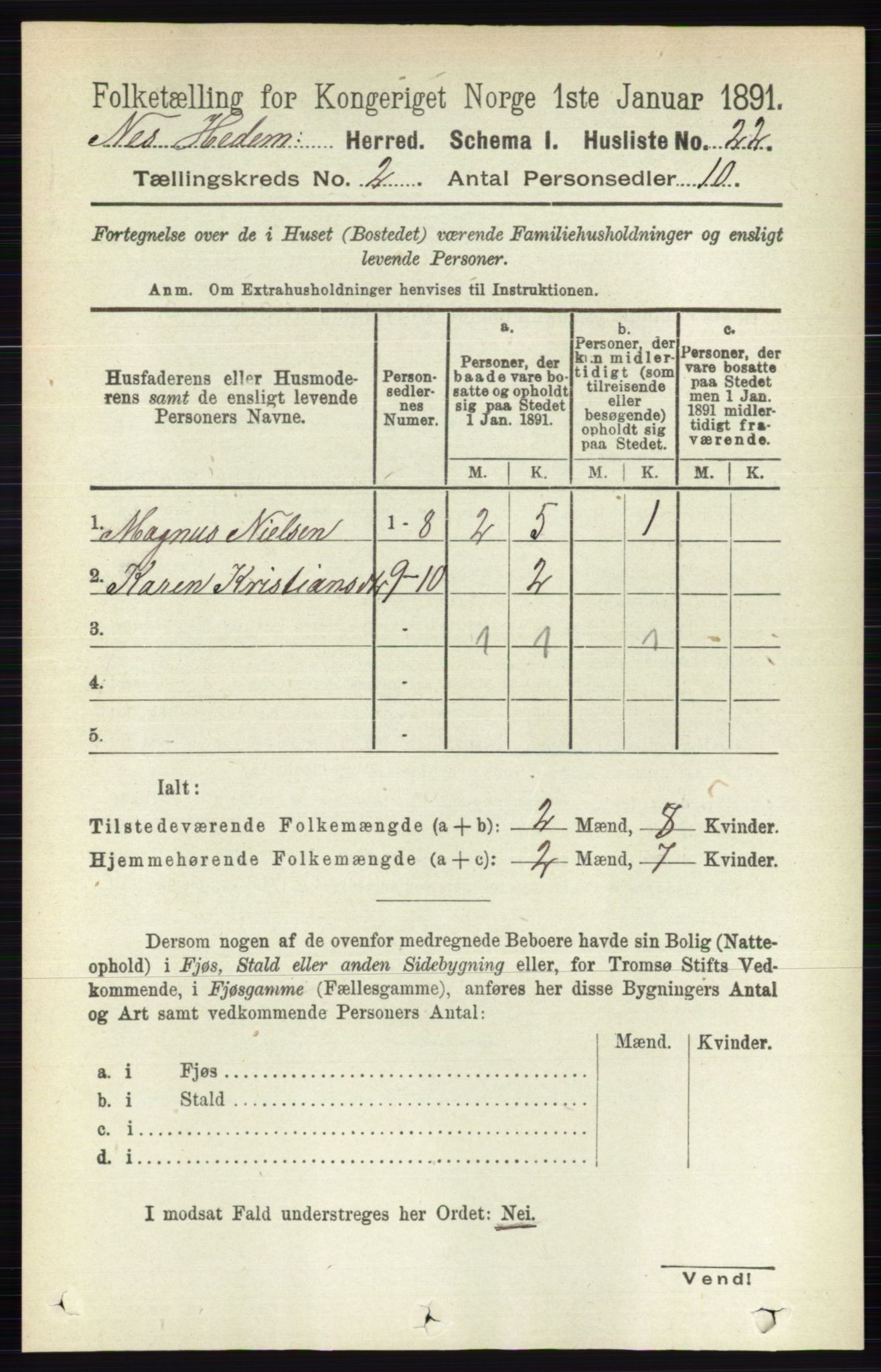 RA, 1891 census for 0411 Nes, 1891, p. 1026