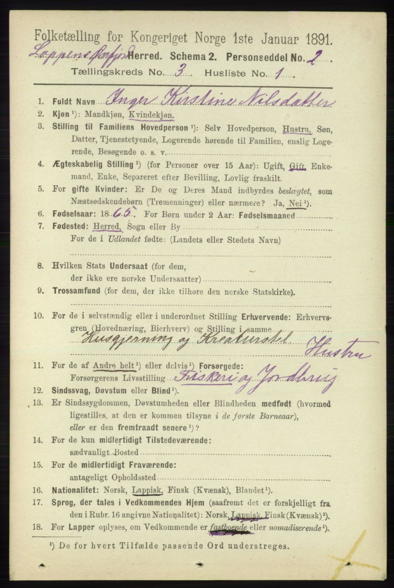 RA, 1891 census for 2014 Loppa, 1891, p. 675