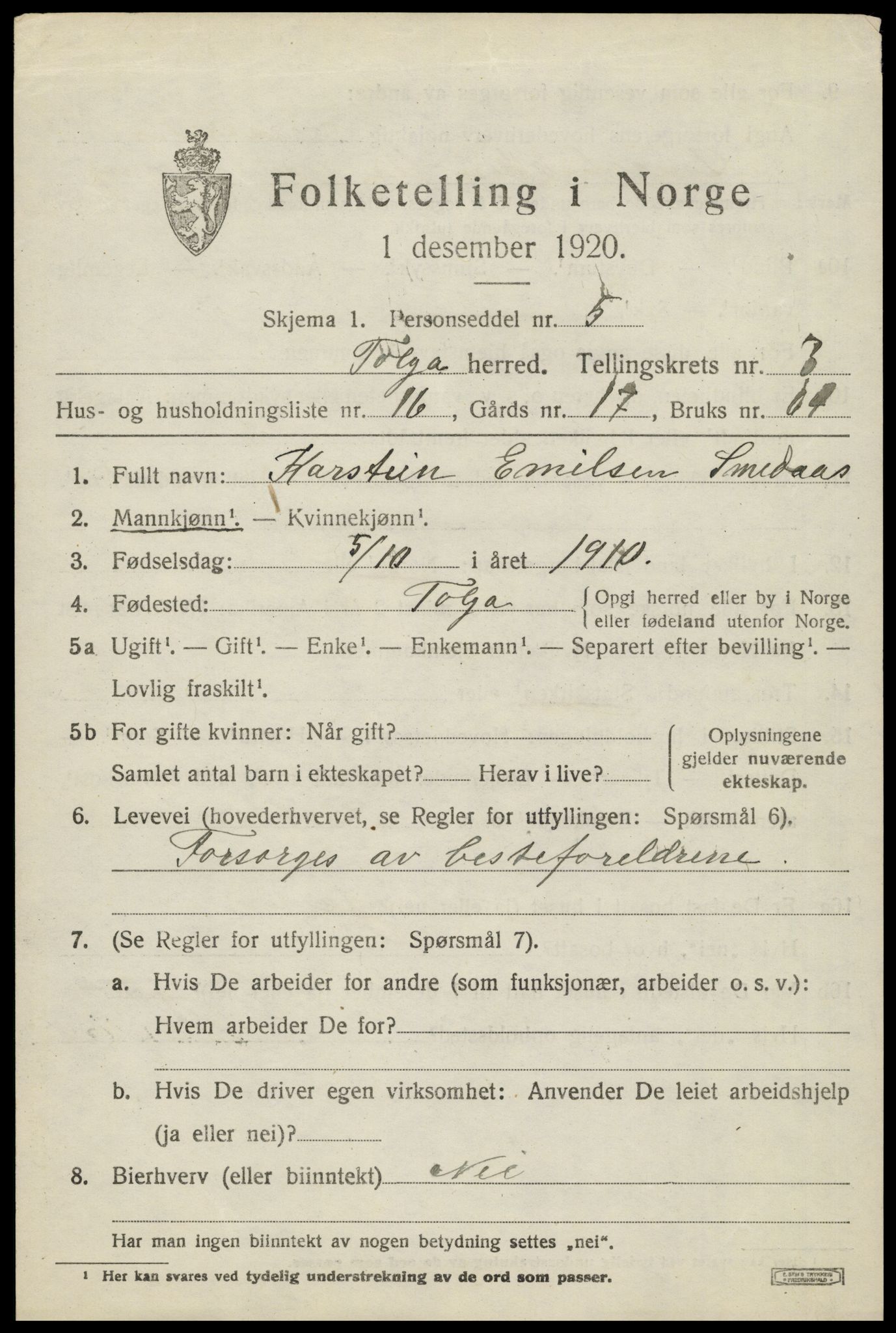 SAH, 1920 census for Tolga, 1920, p. 2383