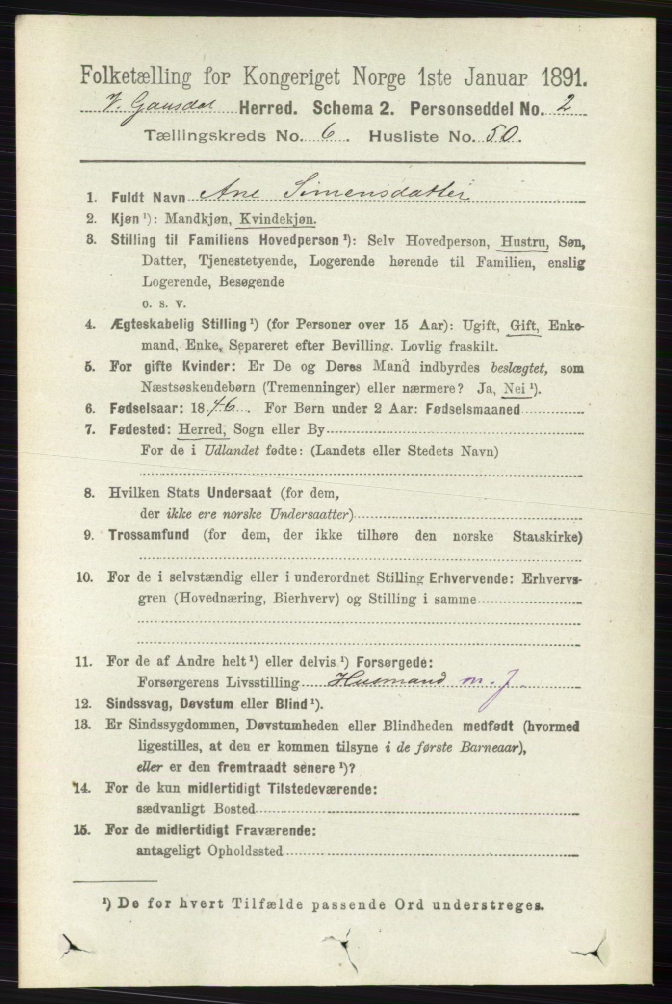 RA, 1891 census for 0523 Vestre Gausdal, 1891, p. 2832