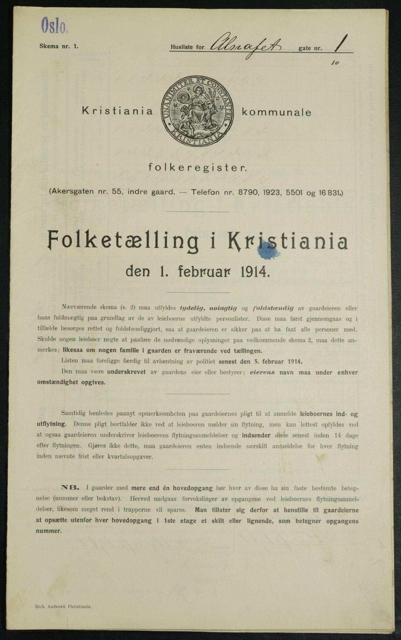 OBA, Municipal Census 1914 for Kristiania, 1914, p. 1020