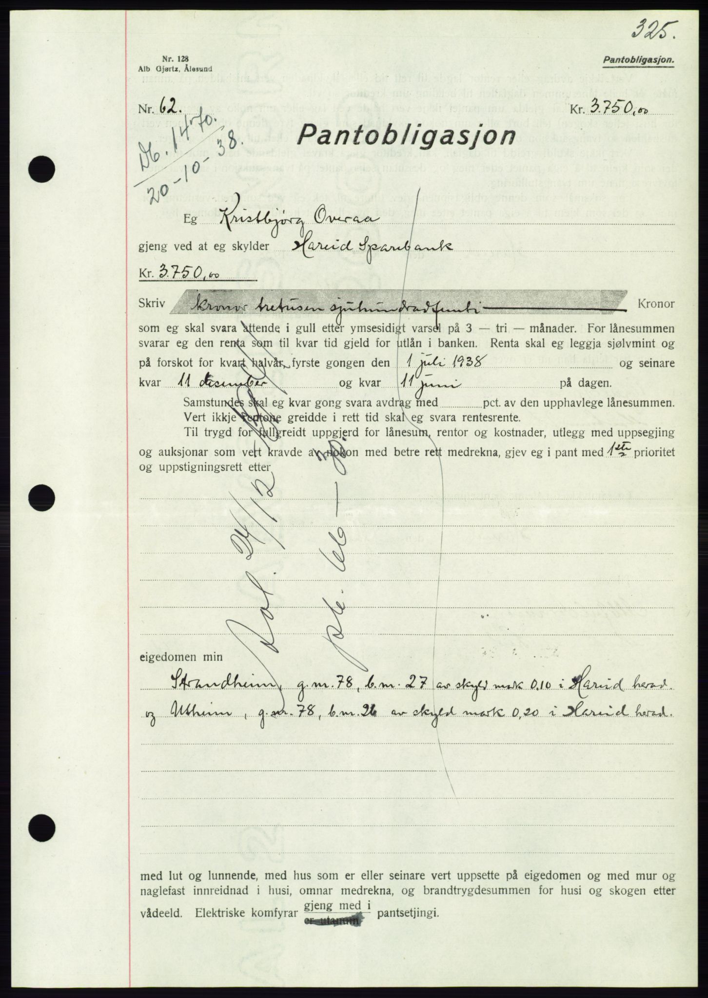 Søre Sunnmøre sorenskriveri, AV/SAT-A-4122/1/2/2C/L0066: Mortgage book no. 60, 1938-1938, Diary no: : 1470/1938