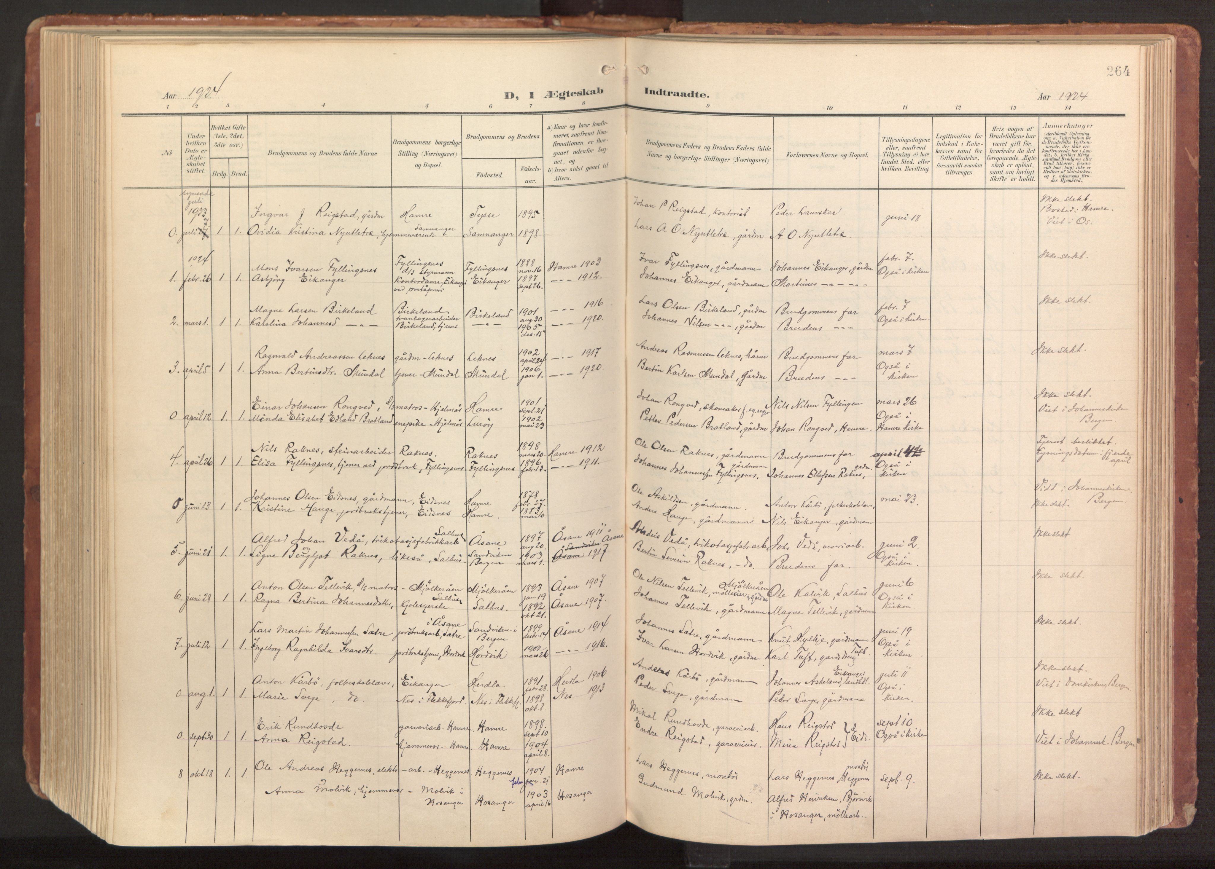 Hamre sokneprestembete, SAB/A-75501/H/Ha/Haa/Haab/L0002: Parish register (official) no. B 2, 1905-1924, p. 264