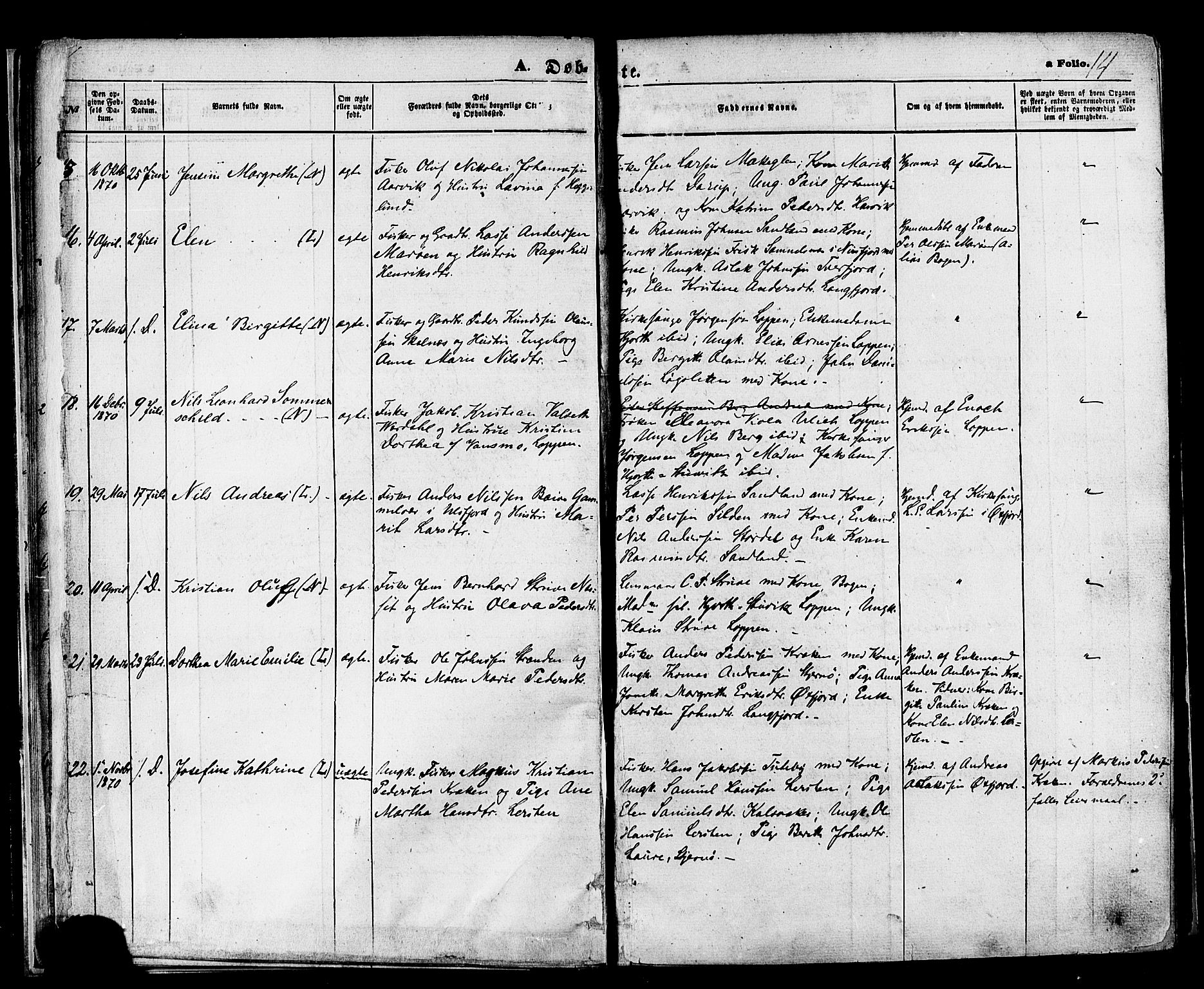 Loppa sokneprestkontor, SATØ/S-1339/H/Ha/L0005kirke: Parish register (official) no. 5, 1869-1878, p. 14