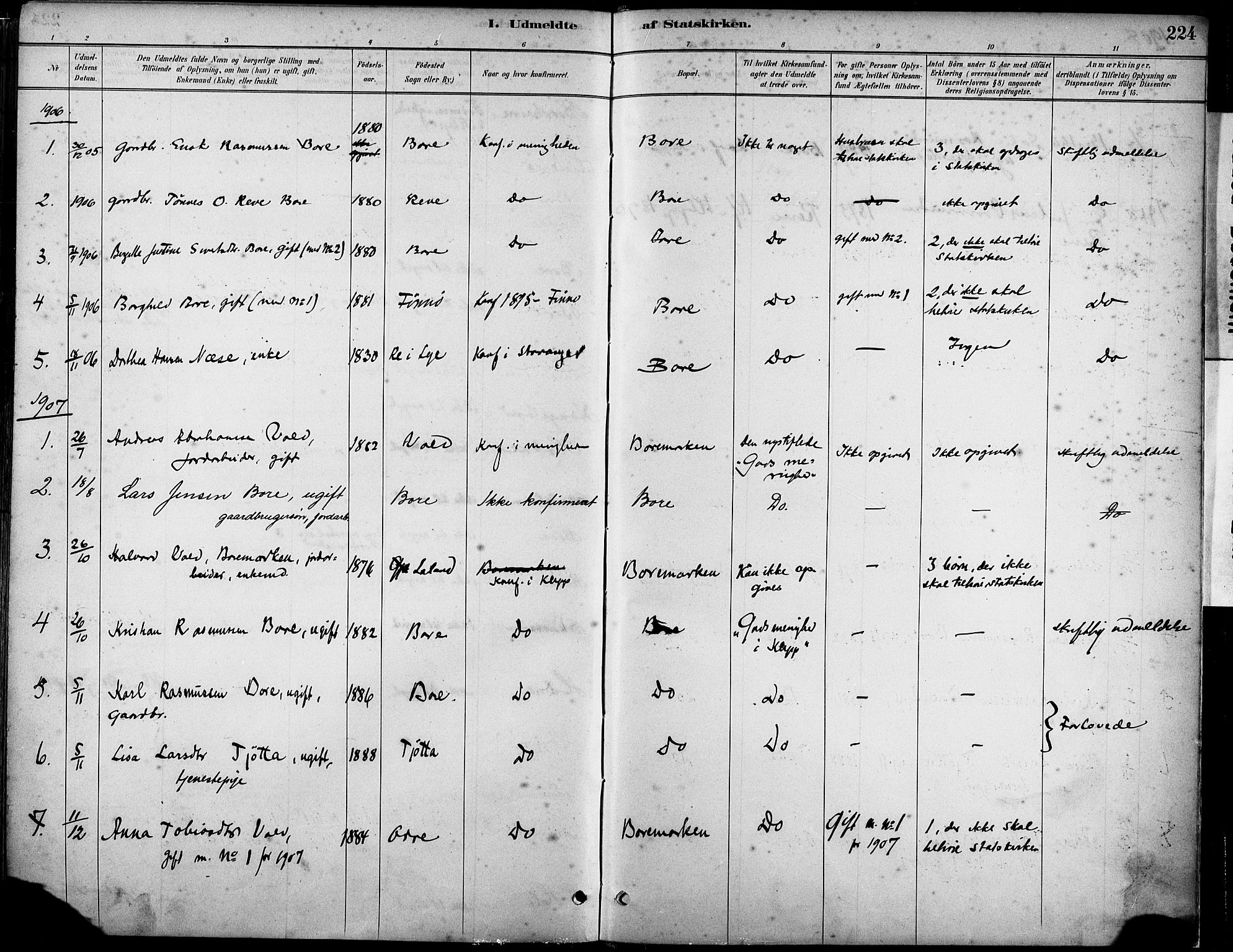 Klepp sokneprestkontor, SAST/A-101803/001/3/30BA/L0008: Parish register (official) no. A 9, 1886-1919, p. 224