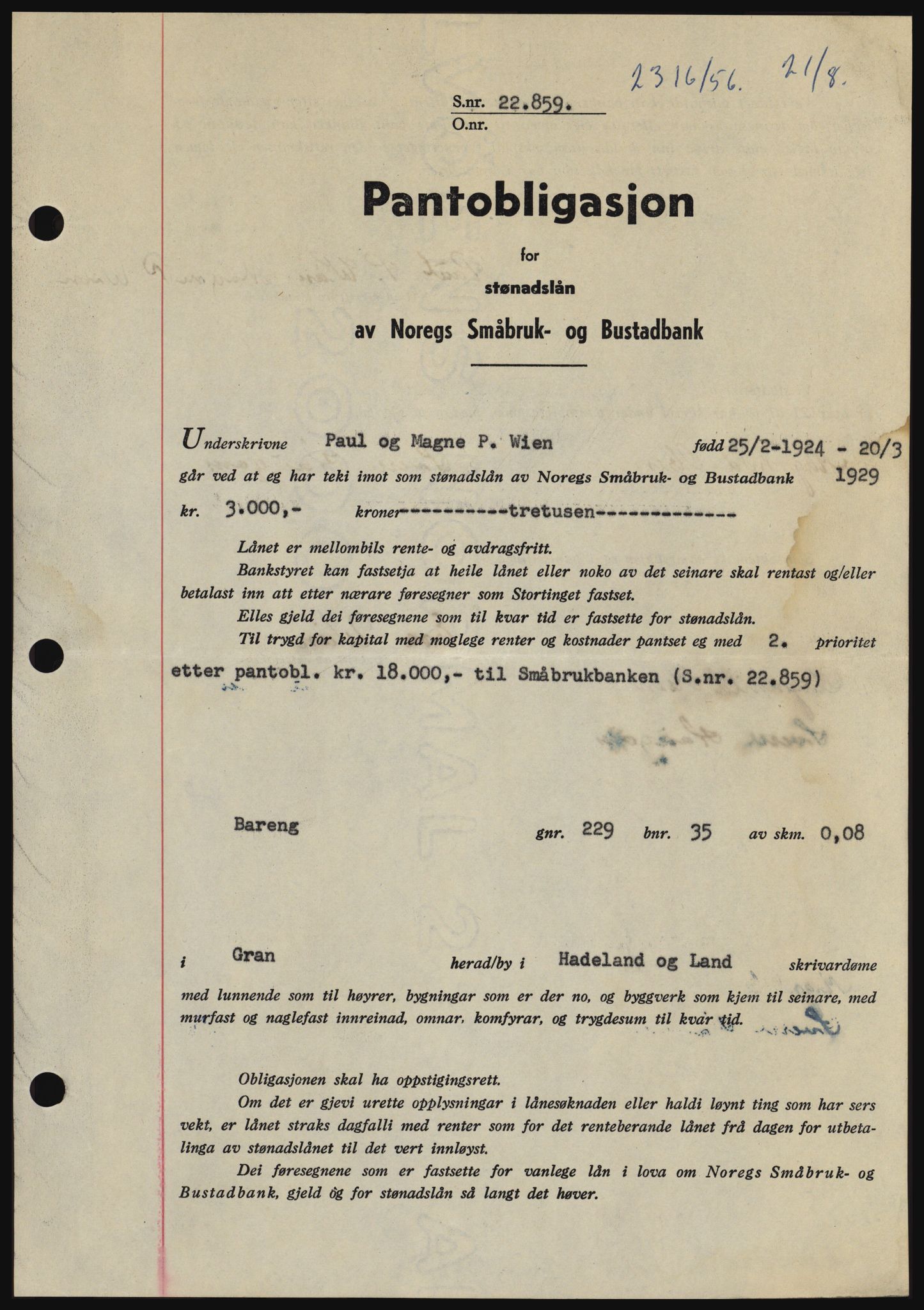 Hadeland og Land tingrett, SAH/TING-010/H/Hb/Hbc/L0034: Mortgage book no. B34, 1956-1956, Diary no: : 2316/1956